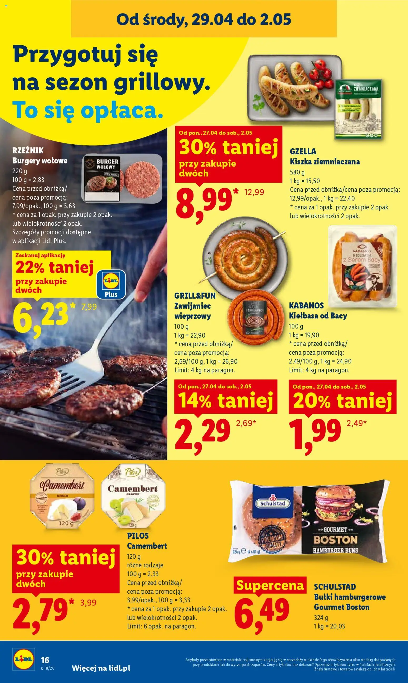 Lidl Polsko leták od 29.04.2026 | Strana: 16 | Produkty: Burger, Gourmet, Kabanos, Camembert