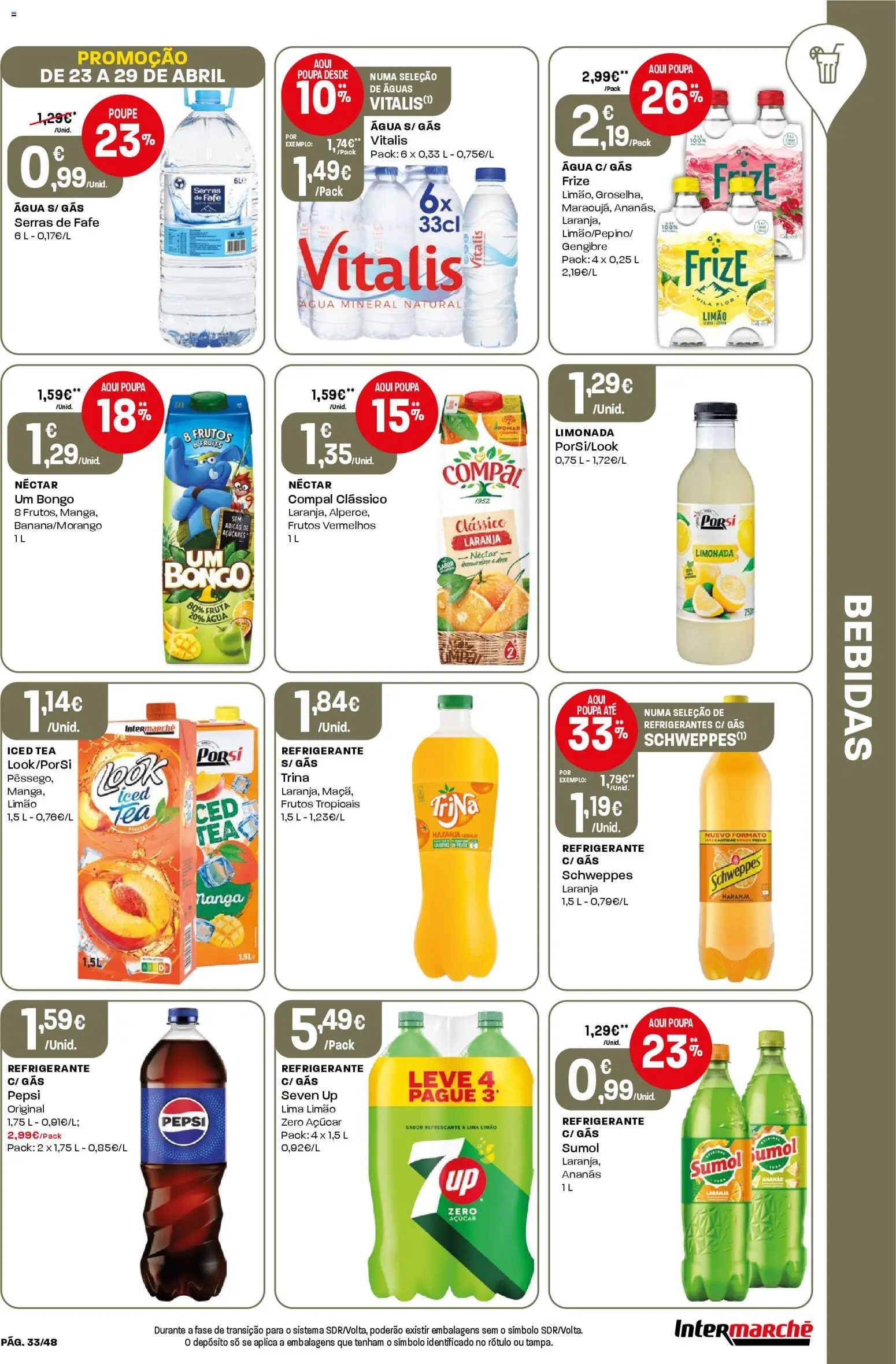 Intermarché folheto │ válido de 23.04.2026 | Página: 33 | Produtos: Agua, Refrigerante, Açúcar, Água mineral