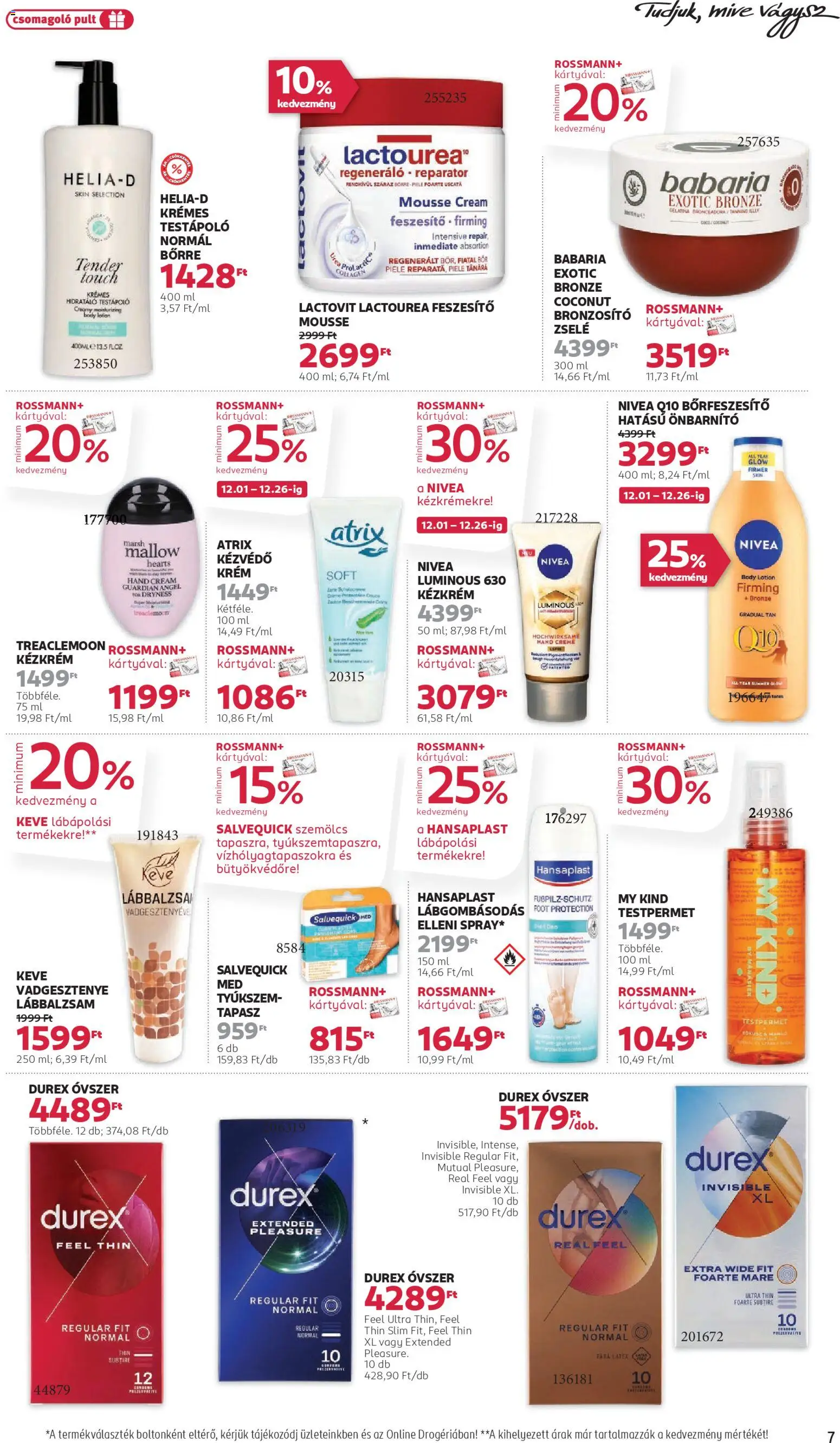 Rossmann akciós ujság - amely érvényes a következő dátumtól: 01.12.2025 | Oldal: 7 | Termékek: Body, Óvszer, Bronzosító, Kézkrém