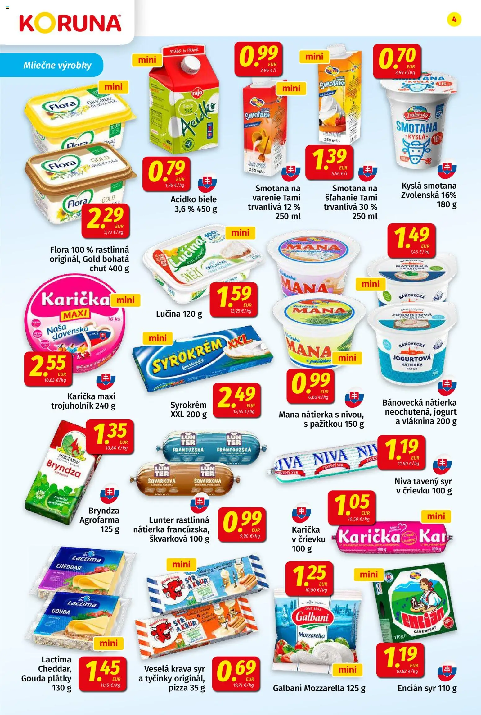 Nové Koruna akcie – leták je platný od 10.04.2026 | Strana: 4 | Produkty: Pizza, Smotana, Mozzarella, Flora