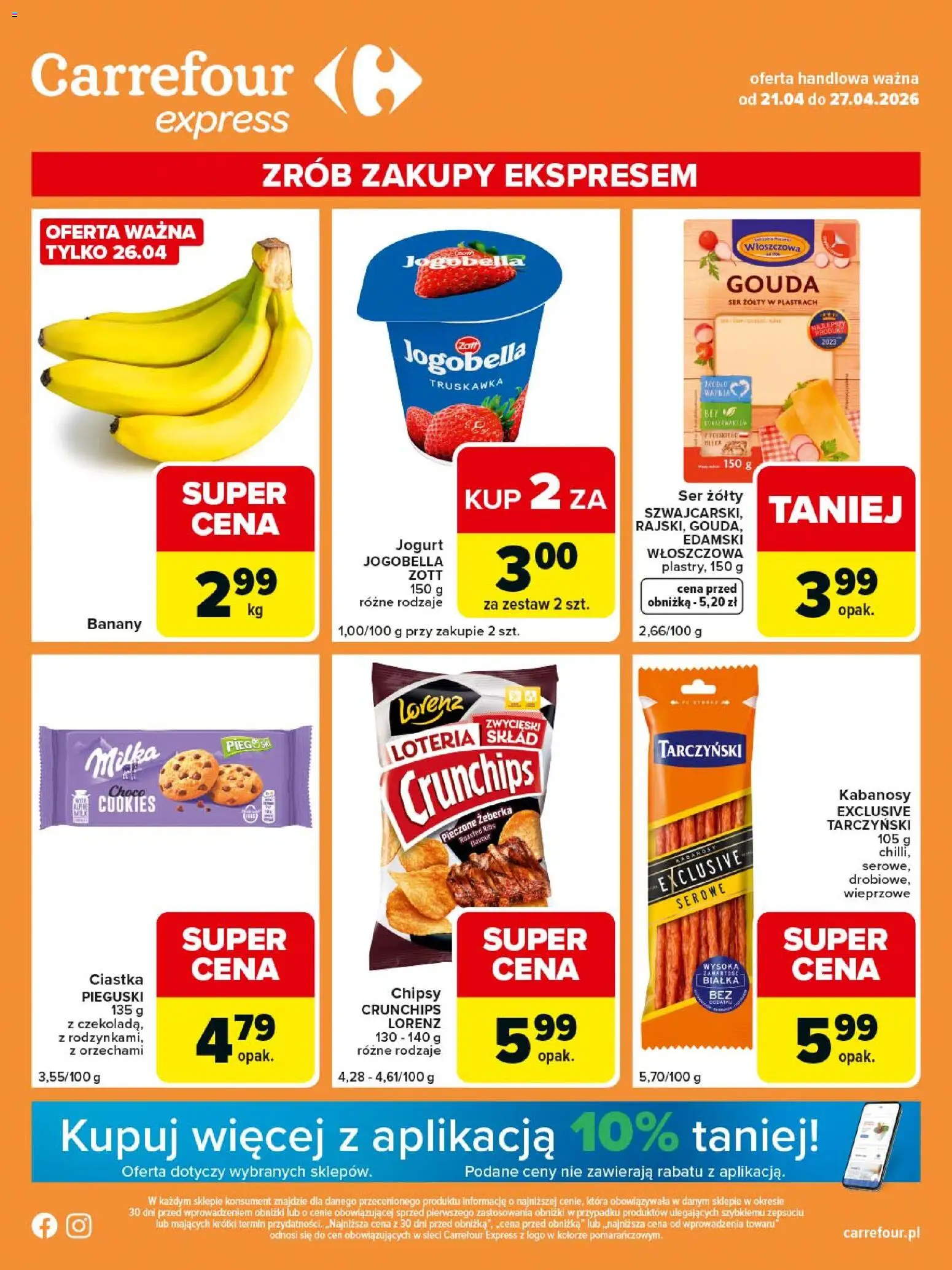 Carrefour gazetka - Express II od 21.04.2026 | Strona: 1 | Produkty: Chipsy, Kabanosy, Jogurt, Ciastka
