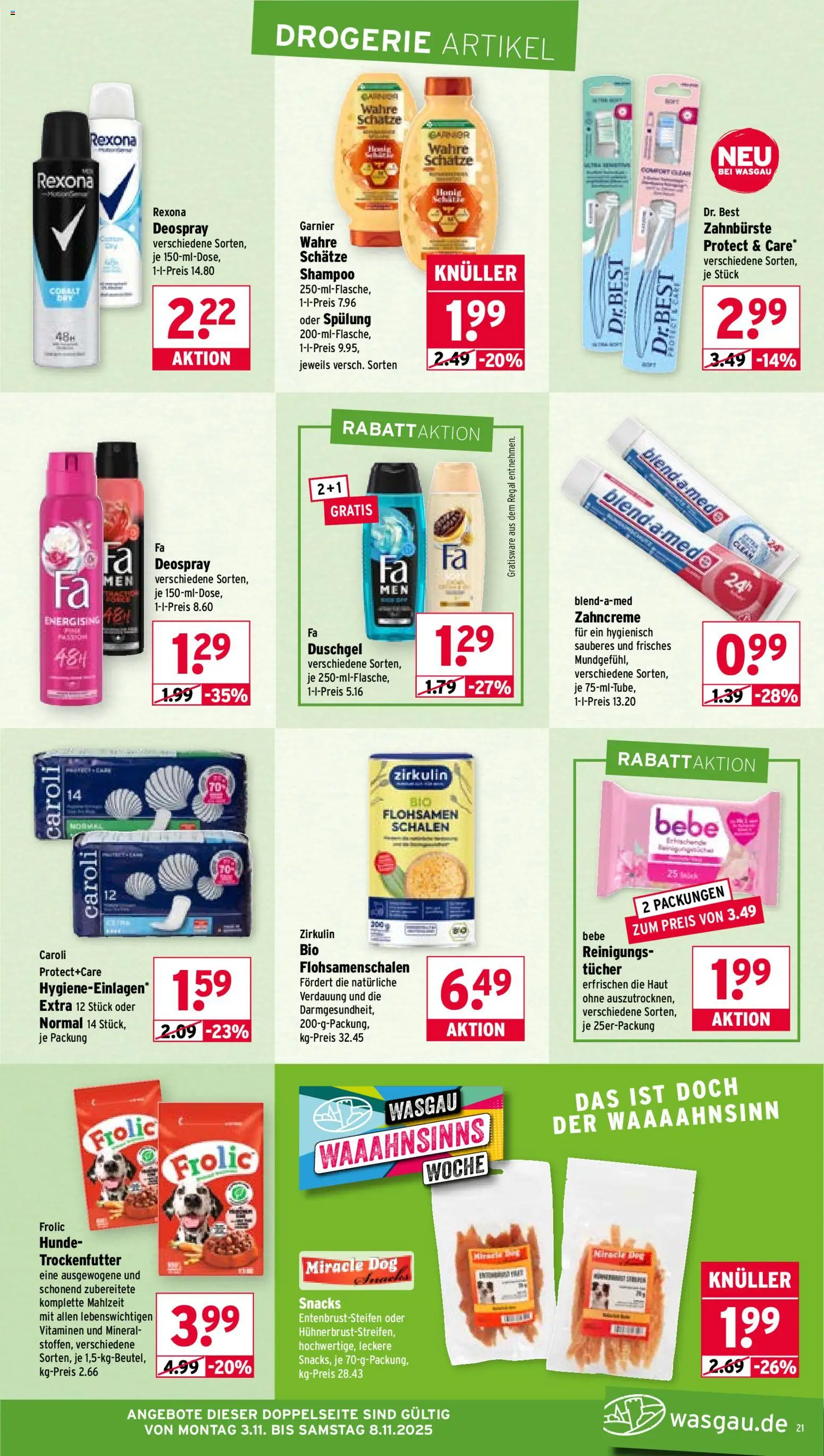 Wasgau Prospekt 	 – gültig ab 03.11.2025 | Seite: 21 | Produkte: Shampoo, Spülung, Duschgel, Zahnbürste