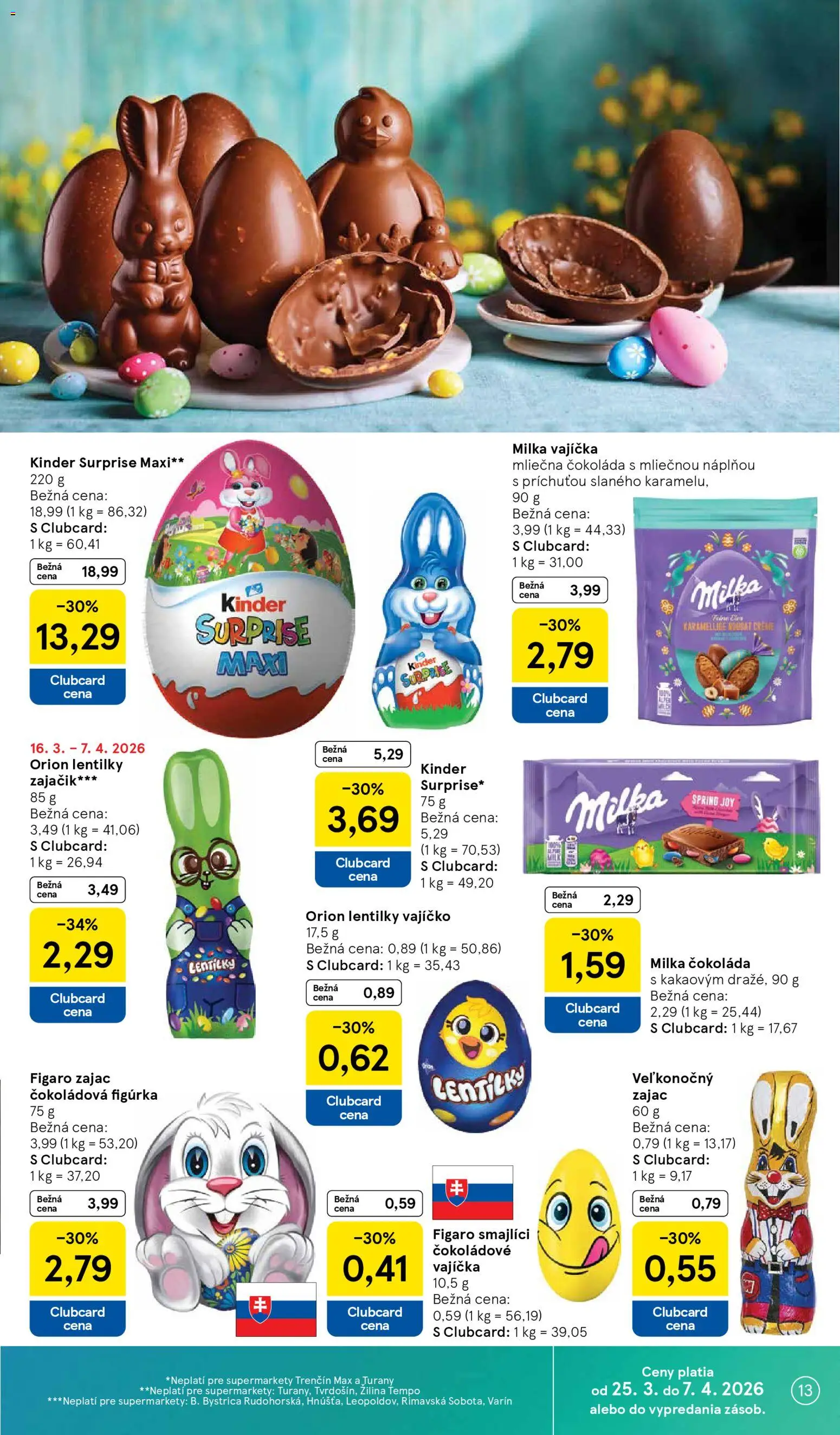 Nové Tesco akcie – leták je platný od 25.03.2026 | Strana: 13 | Produkty: Kinder, Kinder Surprise, Čokoláda, Milka