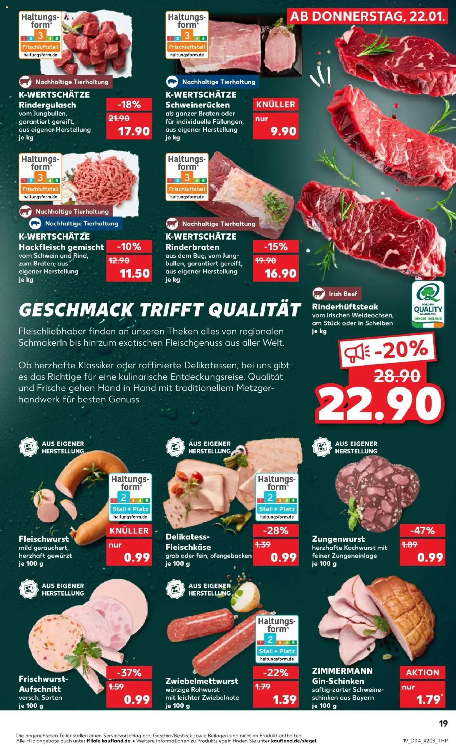 Kaufland prospekt Ettlingen	 – gültig ab 22.01.2026 | Seite: 19 | Produkte: Rinderbraten, Schinken, Steak, Hackfleisch