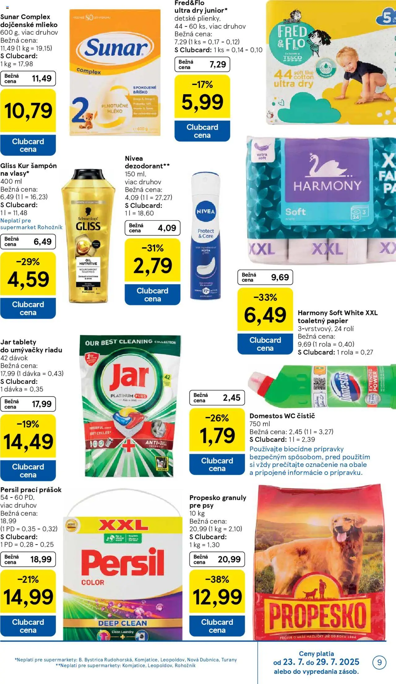 Tesco Supermarket - leták │ platný od 23.07.2025 | Strana: 9 | Produkty: Nivea, Dezodorant, Tablety do umývačky riadu, Domestos