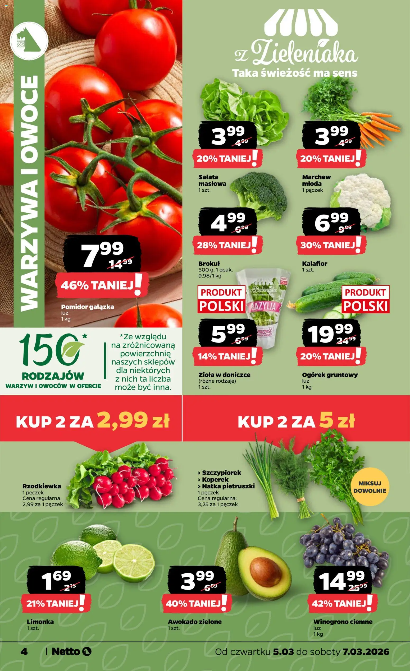 Netto gazetka od czwartku spożywcza od 05.03.2026 | Strona: 4 | Produkty: Limonka, Kalafior, Awokado, Owoce
