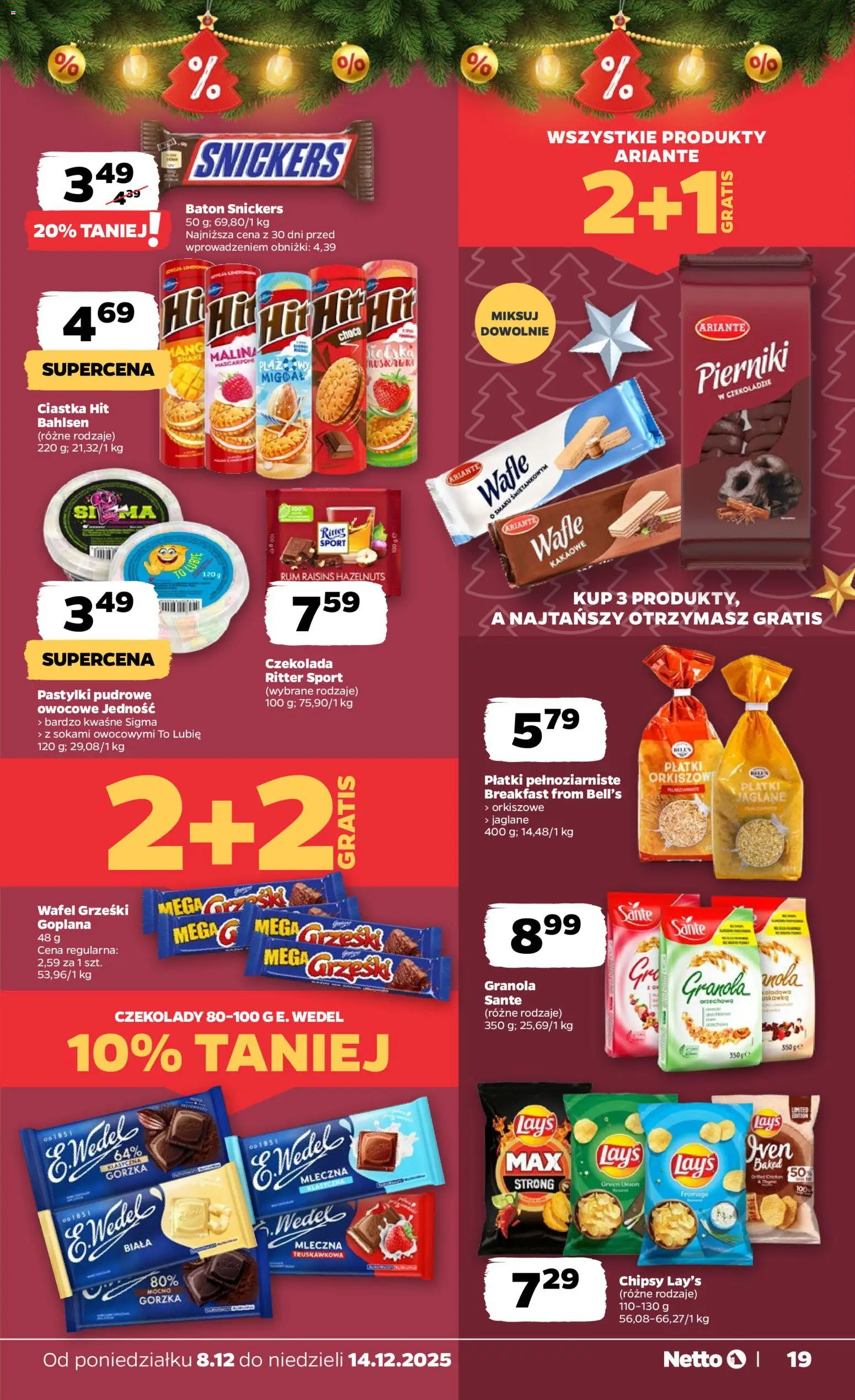 Netto gazetka - Spożywcza od 08.12.2025 | Strona: 19 | Produkty: Czekolady, Granola, Baton, Płatki