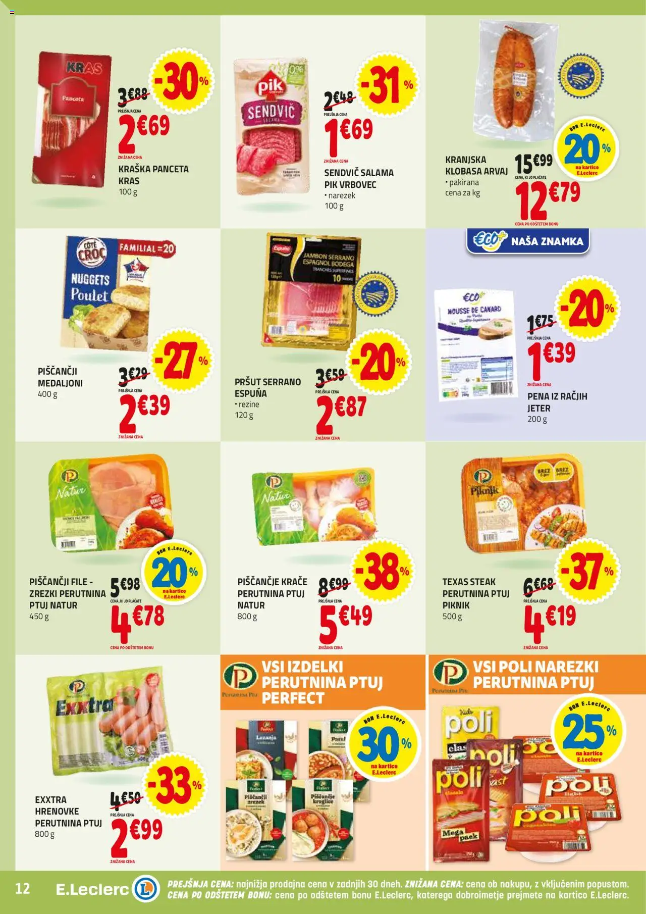 E.leclerc katalog │ velja od 20.08.2025 | Stran: 12 | Izdelki: Hrenovke, Pršut, Panceta, Zrezki