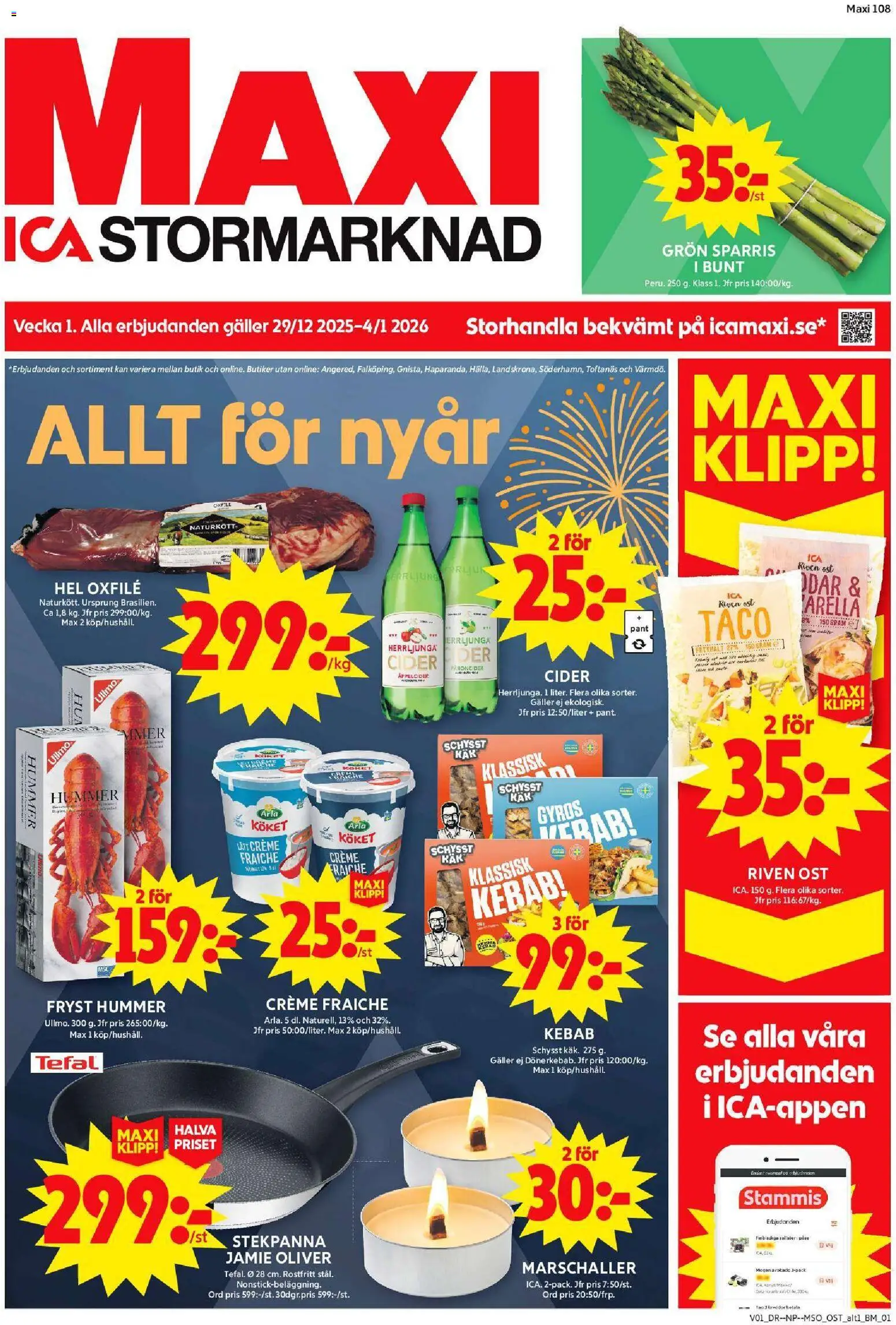 ICA Maxi reklamblad aktuell från 30.12.2025 | Sida: 1 | Produkter: Galler, Riven ost, Ost, Sparris