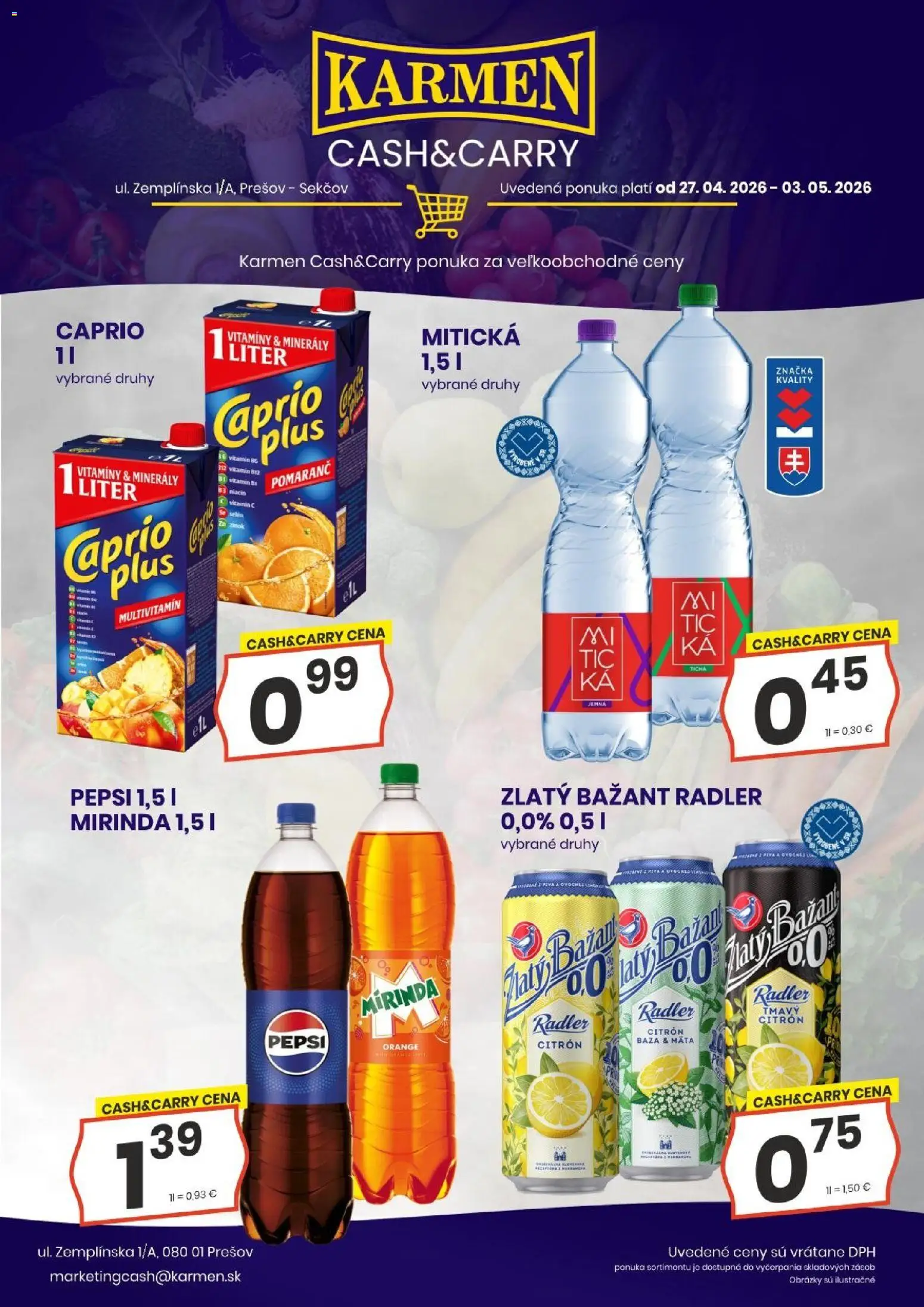Nové KARMEN CBA akcie – leták je platný od 27.04.2026 | Strana: 2 | Produkty: Zlatý Bažant, Pepsi, Mirinda, Mitická