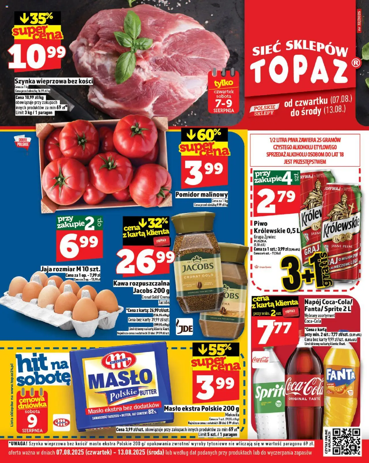 Topaz Gazetka od 07.08.2025 | Strona: 1 | Produkty: Szynka wieprzowa, Coca cola, Szynka, Masło