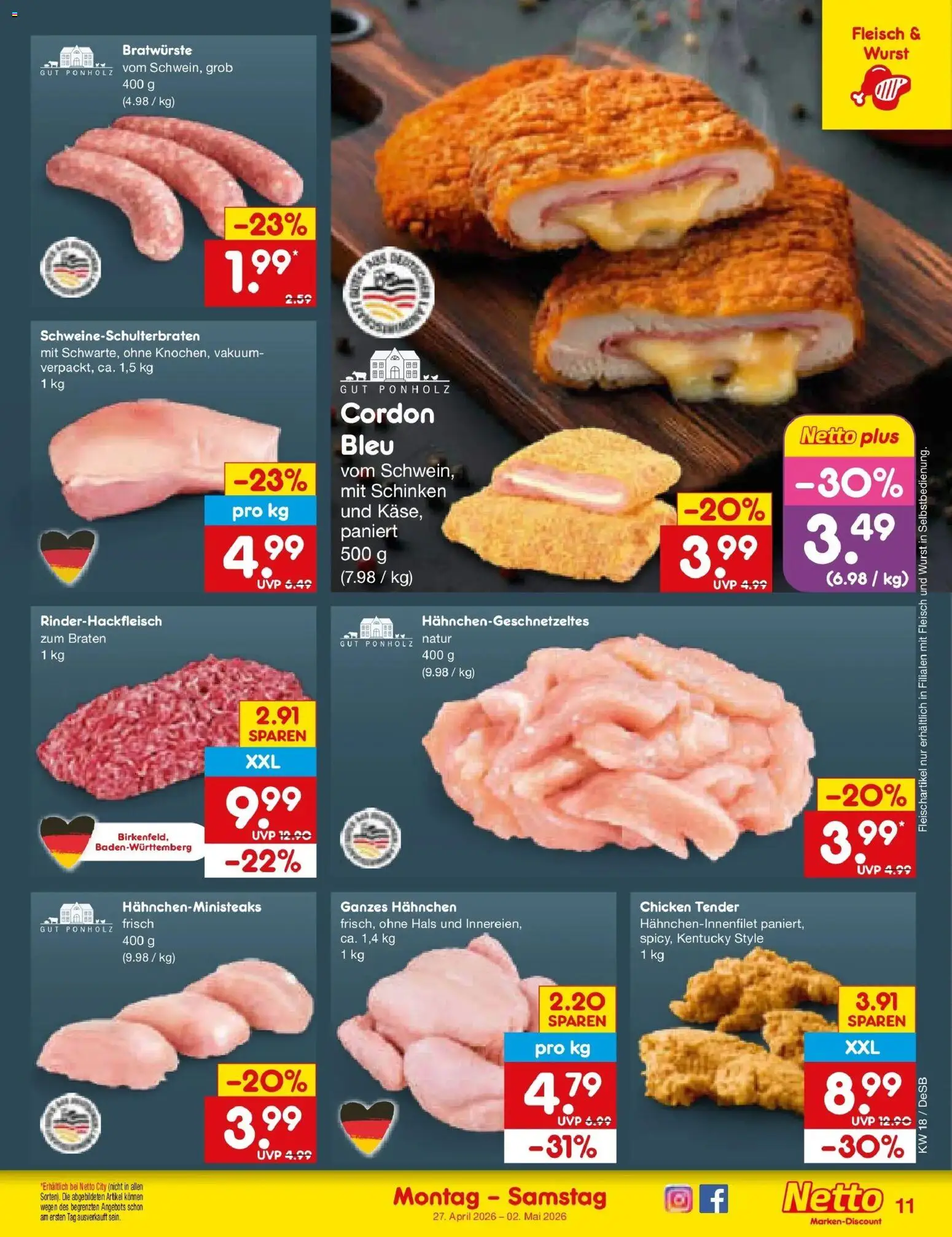 Netto Marken-Discount Prospekt Thierhaupten	 – gültig ab 27.04.2026 | Seite: 13 | Produkte: Hahnchen, Wurst, Schinken, Fleisch