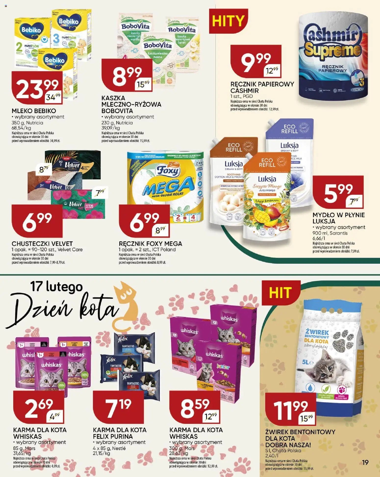 Chata Polska Gazetka od 12.02.2026 | Strona: 19 | Produkty: Mleko Bebiko, Kaszka mleczna, Mleko, Karma dla kota