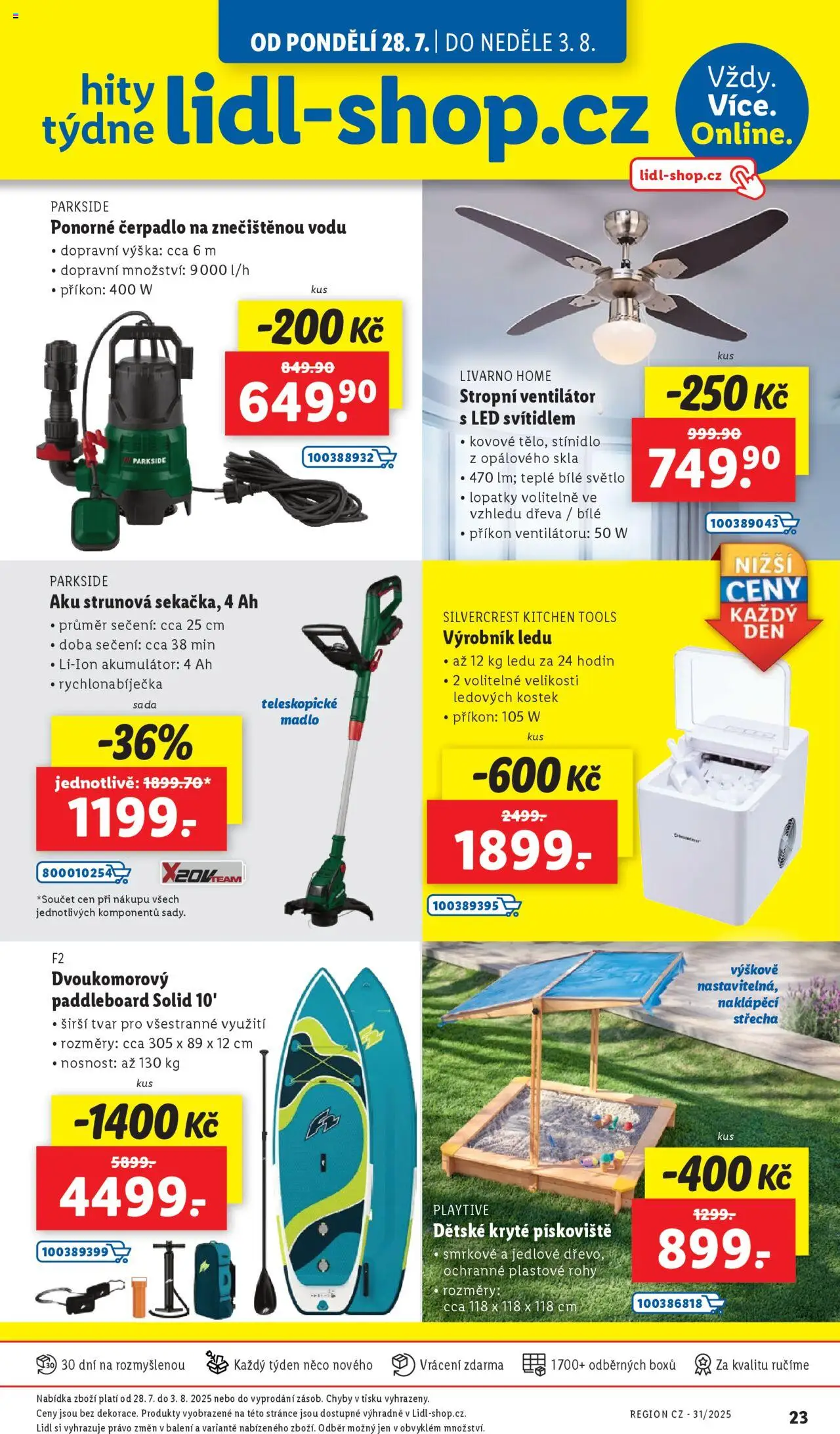Lidl leták - Hity týdne od 28.07.2025 | Strana: 1 | Produkty: Madlo, Paddleboard, Výrobník ledu, LED