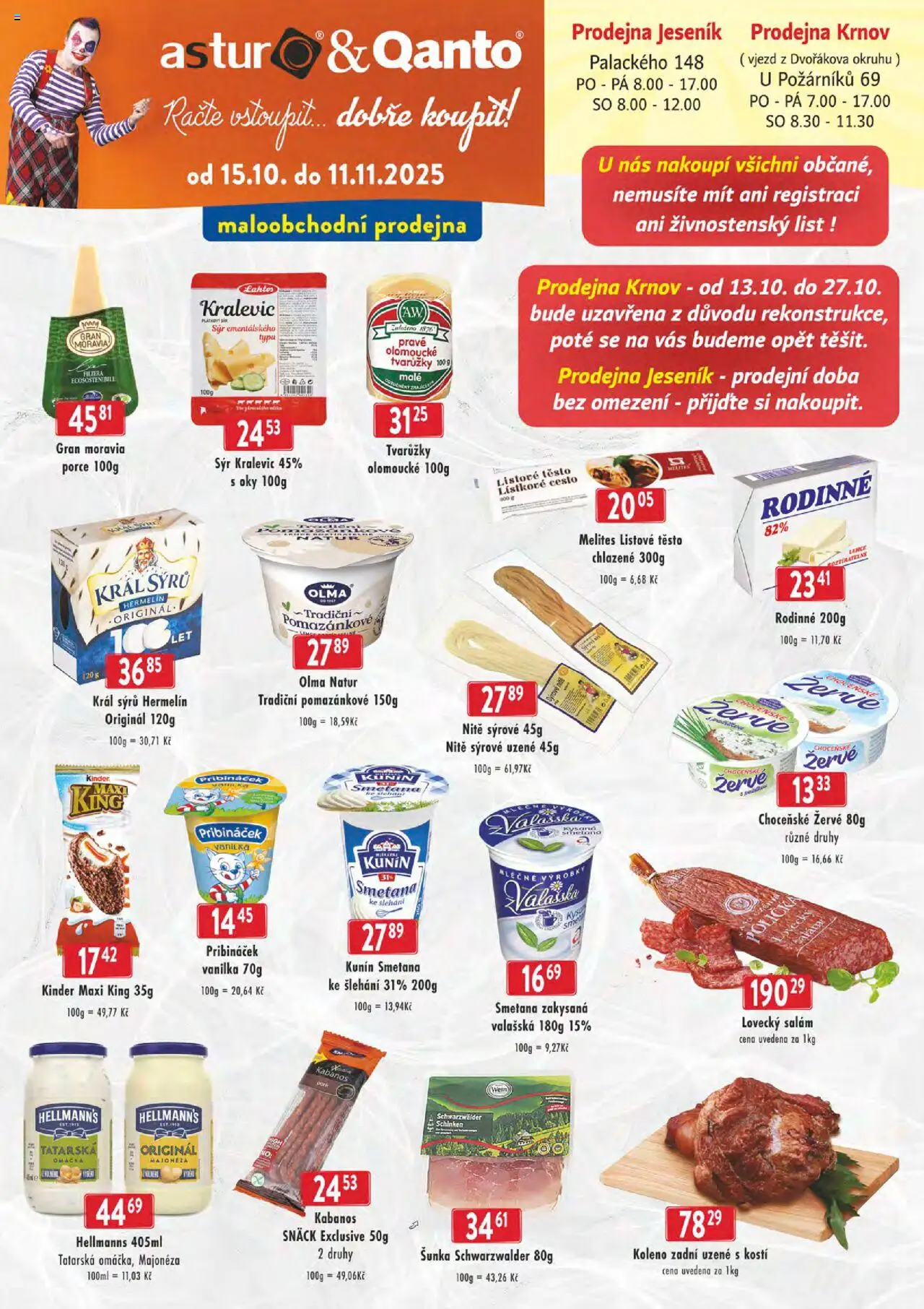 Astur & Qanto leták - cash&carry Jeseník, Krnov od 15.10.2025 | Strana: 1 | Produkty: Polička, Sýr, Olomoucké tvarůžky, Hellmann's