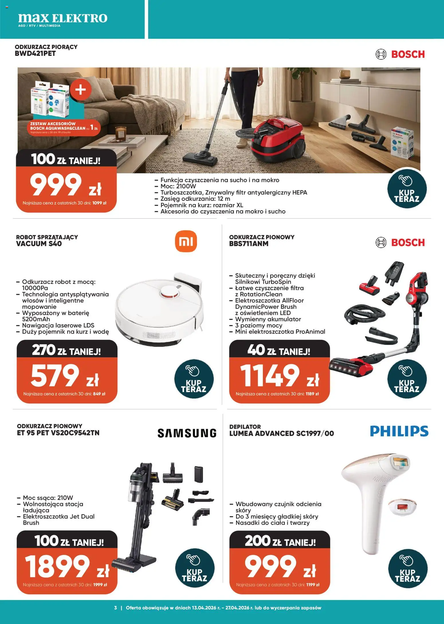 Max elektro gazetka od 13.04.2026 | Strona: 3 | Produkty: Baterie, Depilator, Robot, Nawigacja