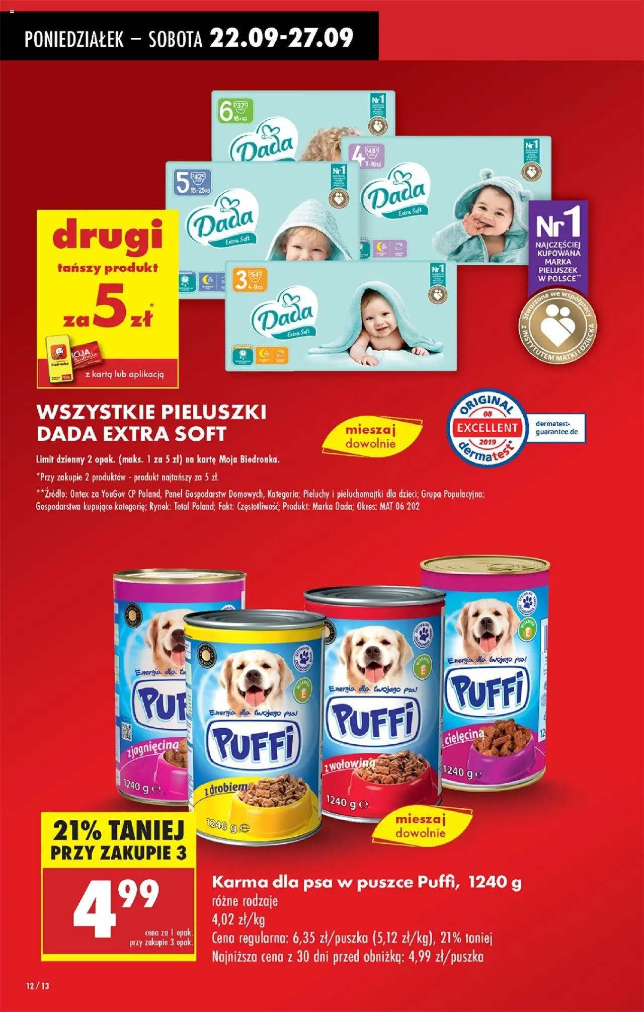 Biedronka gazetka od 22.09.2025 | Strona: 12 | Produkty: Karta, Pieluchomajtki, Karma dla psa w puszce, Wołowina