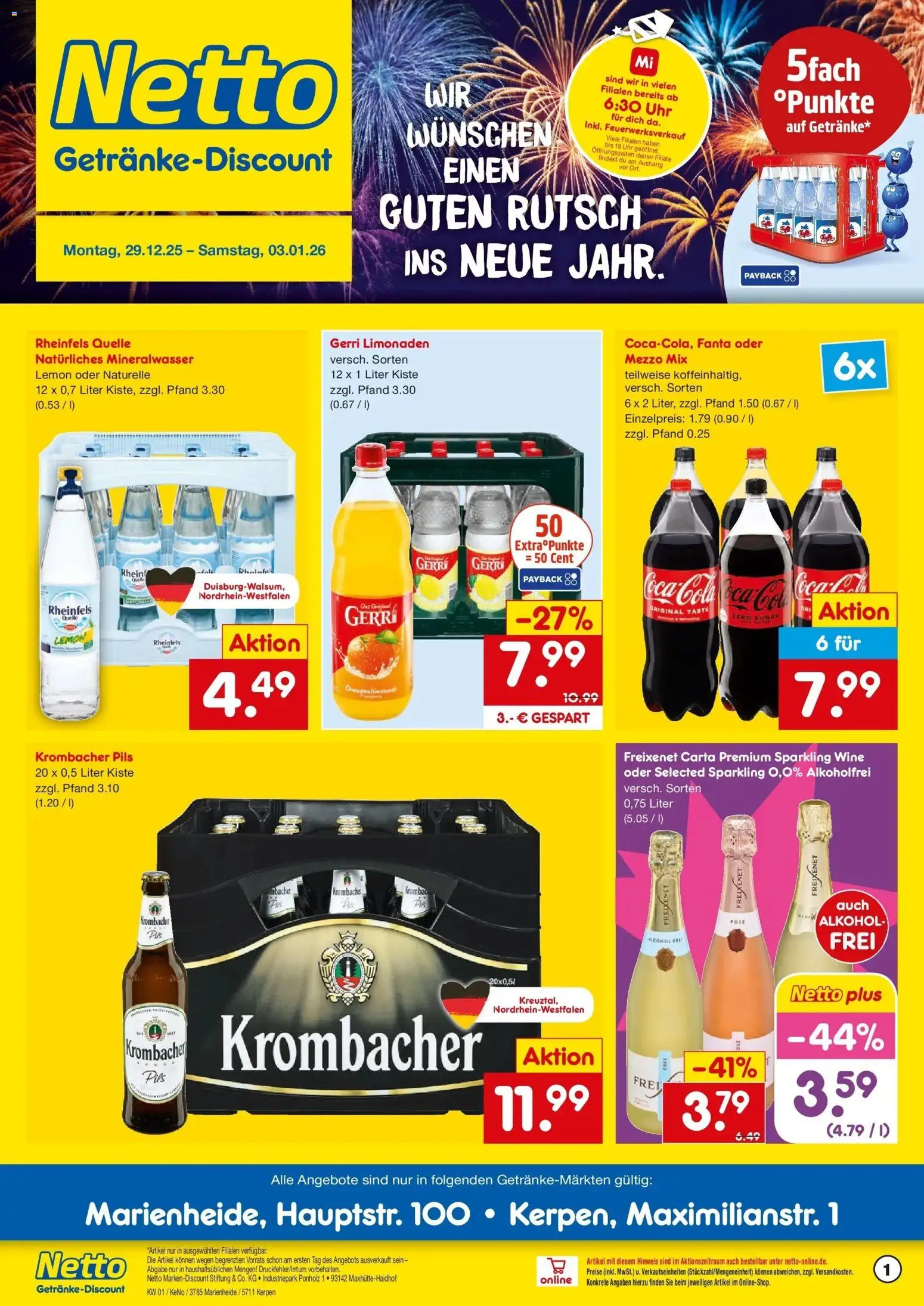 Netto Marken-Discount prospekt Marienheide	 – gültig ab 28.12.2025 | Seite: 1 | Produkte: Mezzo mix, Pils, Mineralwasser, Rheinfels quelle