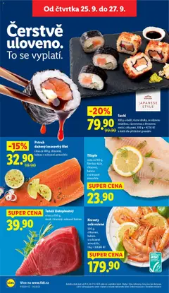 Sushi, 168 g a další, různé druhy, se sójovou omáčkou, zázvorovou a křenovou směsí, chlazené od 25.09.2025 | Strana: 14 | Produkty: Tilapie, Sushi, Pstruh, Filet