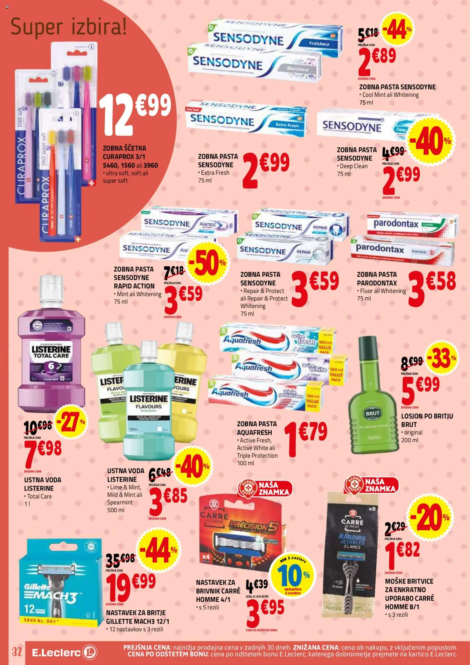 Novi E.leclerc katalog ponudbe – veljaven od 28.01.2026 | Stran: 32 | Izdelki: Zobna pasta, Zobna scetka, Brivnik, Voda