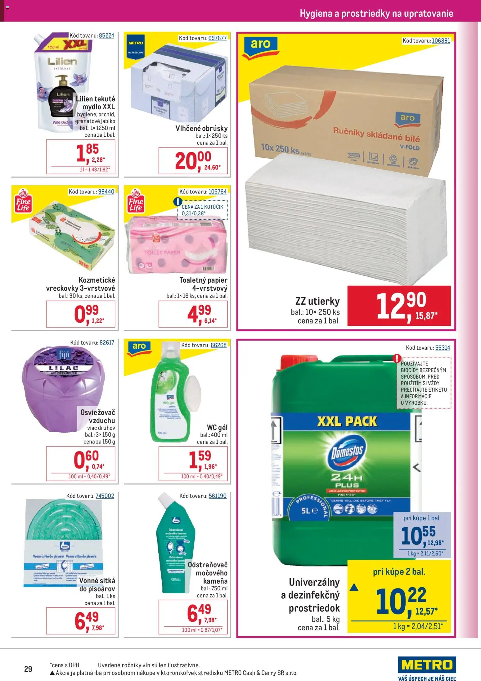 Nové Metro akcie – leták je platný od 22.04.2026 | Strana: 29 | Produkty: Osviežovač vzduchu, Toaletný papier, Mydlo, Domestos