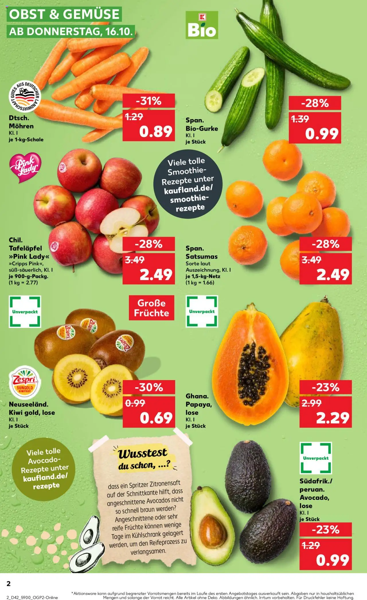 Kaufland prospekt Frankfurt (Oder)	 – gültig ab 16.10.2025 | Seite: 2 | Produkte: Kühlschrank, Mohren, Avocado, Gemüse