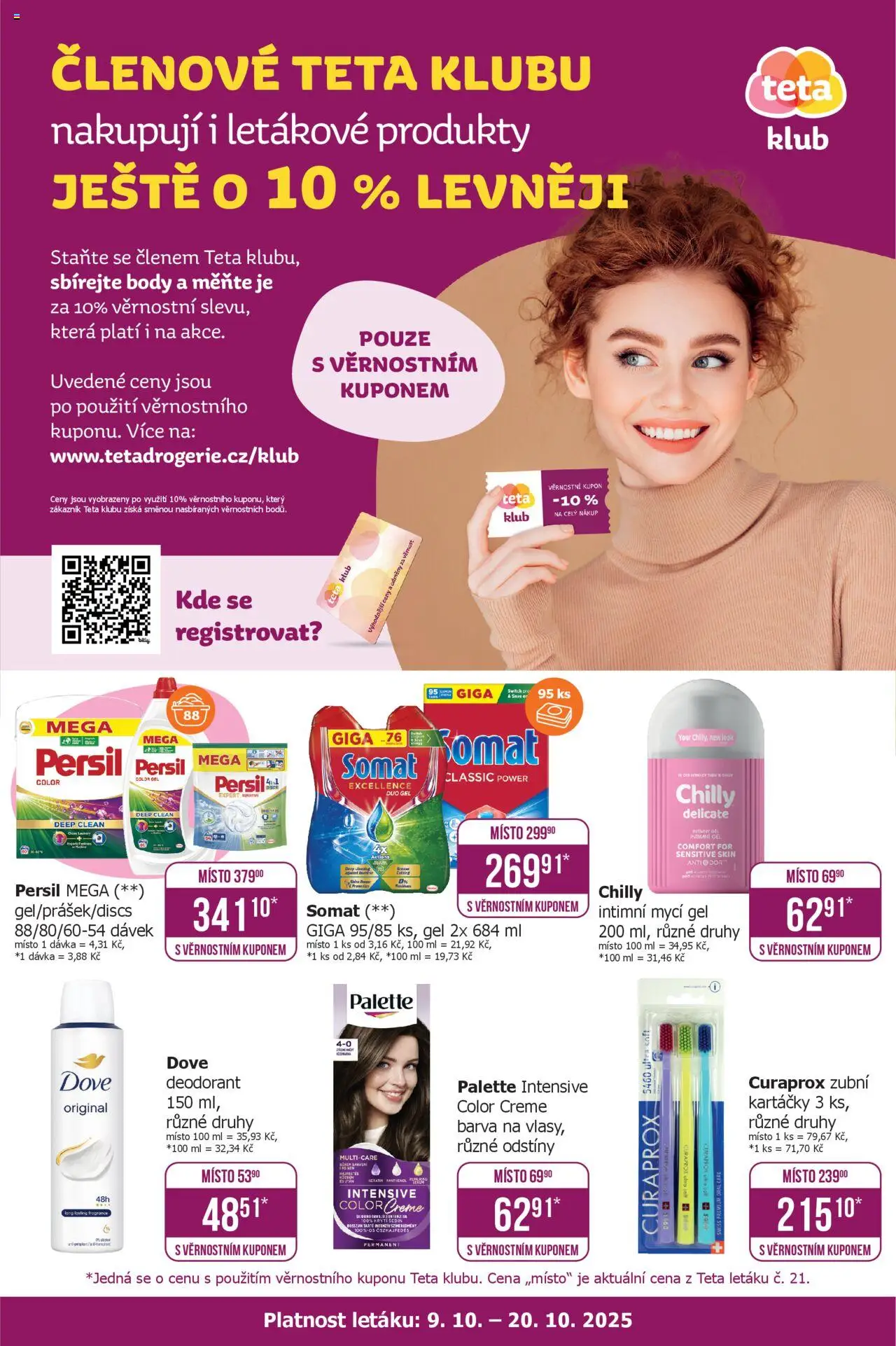 TETA Drogerie leták - Klub od 09.10.2025 | Strana: 1 | Produkty: Mycí gel, Dove deodorant, Somat, Panthenol