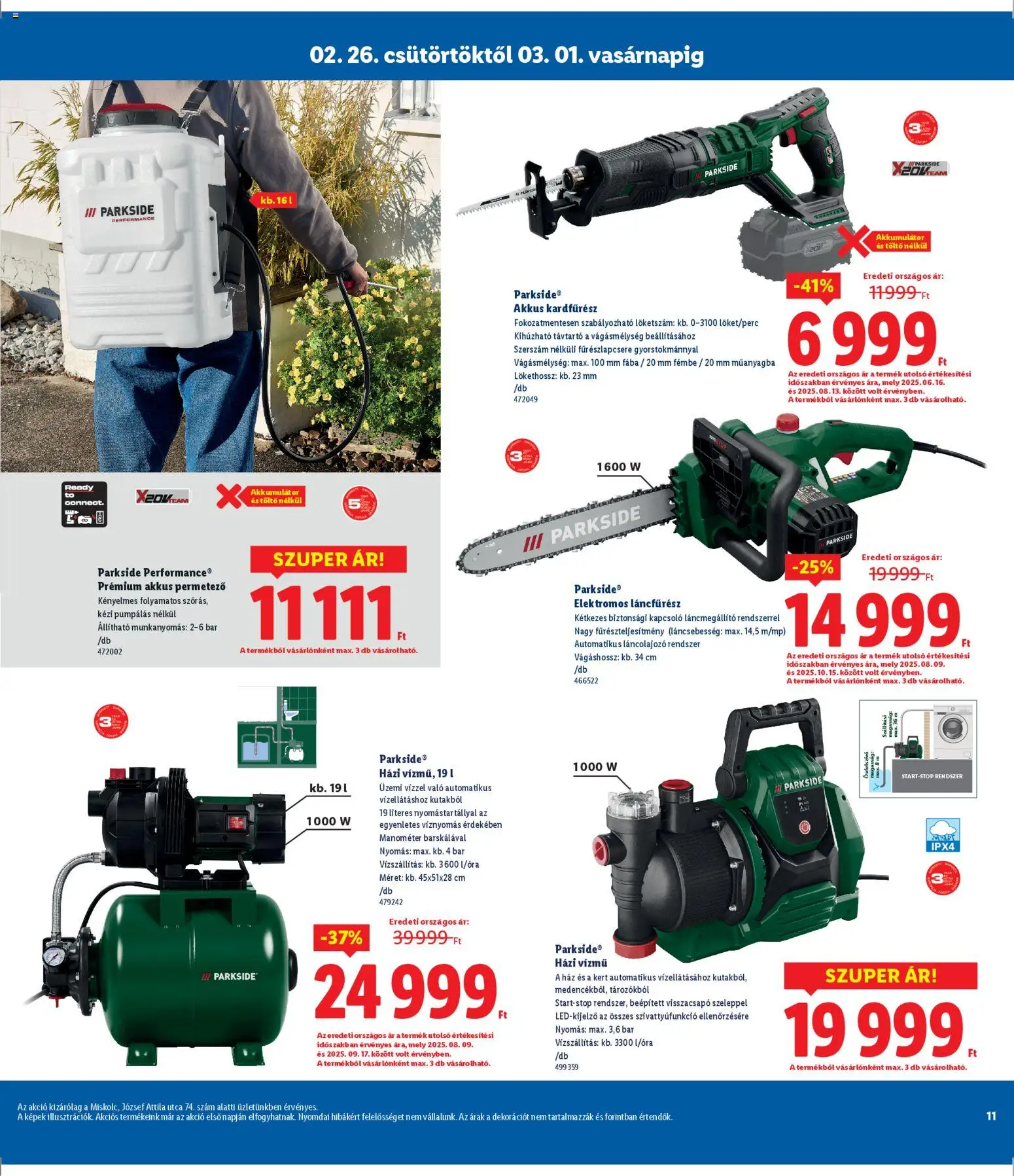 Lidl akciós ujság - amely érvényes a következő dátumtól: 26.02.2026 | Oldal: 11 | Termékek: Parkside, Töltő, Elektromos láncfűrész, Láncfűrész