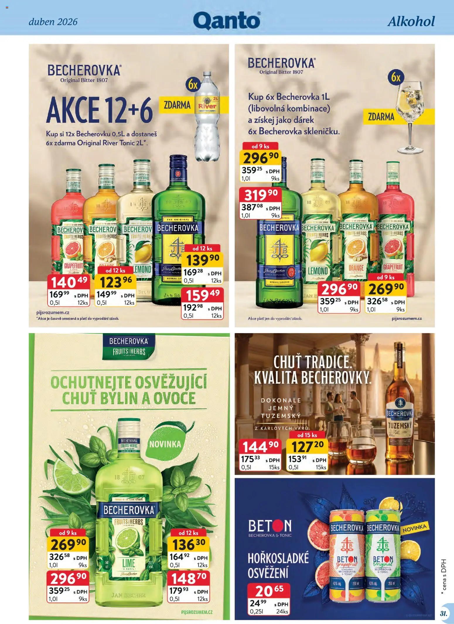 Astur & Qanto leták - Velkoobchod 04/2026 od 01.04.2026 | Strana: 31 | Produkty: Ovoce, Tonic, River tonic, Becherovka