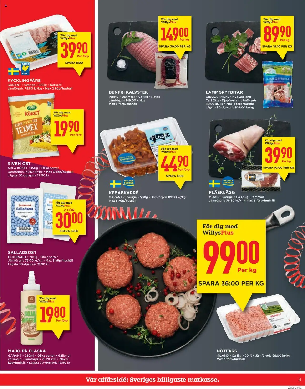 Willys reklamblad aktuell från 06.10.2025 | Sida: 3 | Produkter: Nötfärs, Riven ost, Ost, Nötkött