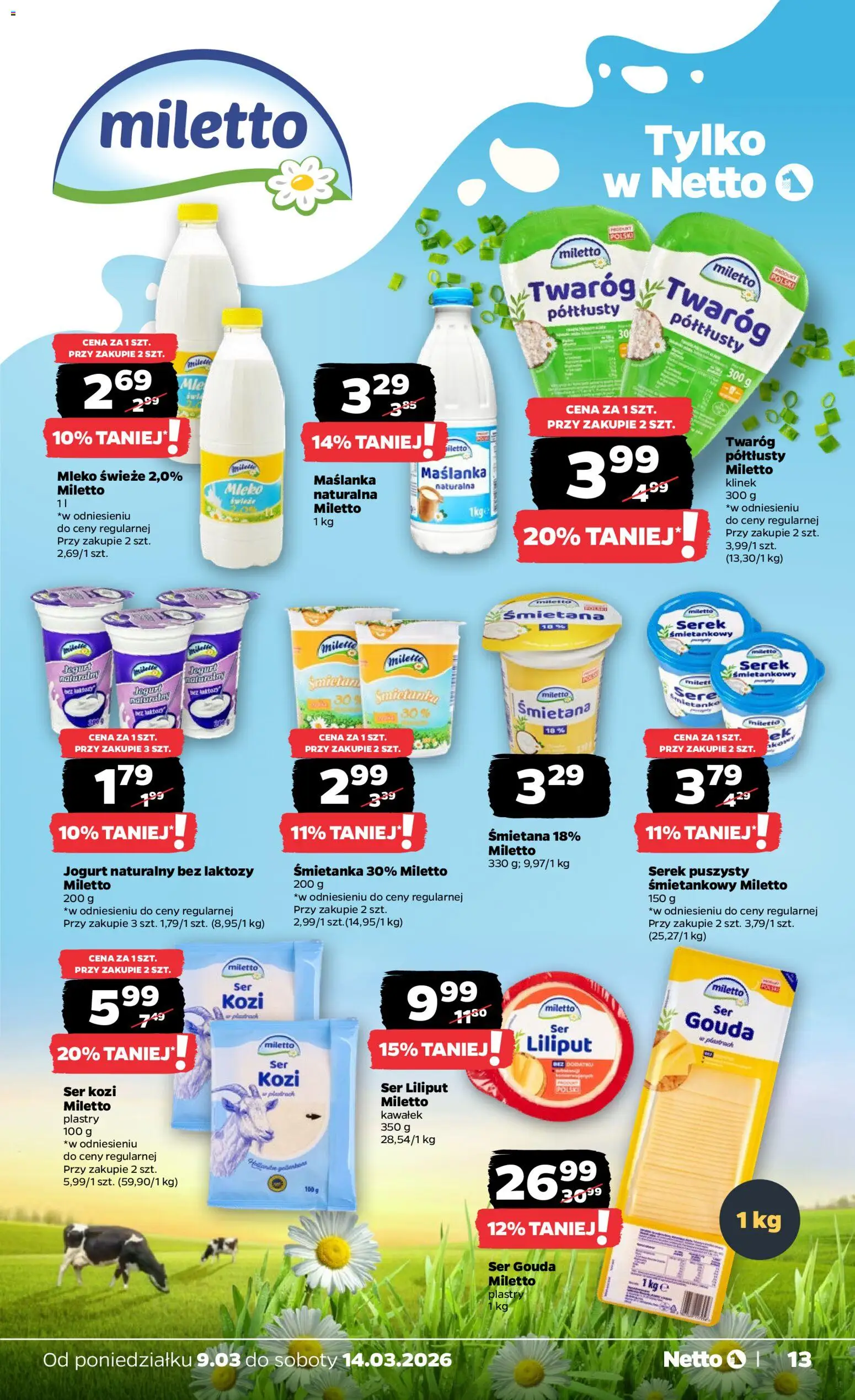Netto gazetka od poniedziałku spożywcza od 09.03.2026 | Strona: 13 | Produkty: Maślanka, Jogurt naturalny, Jogurt, Śmietana