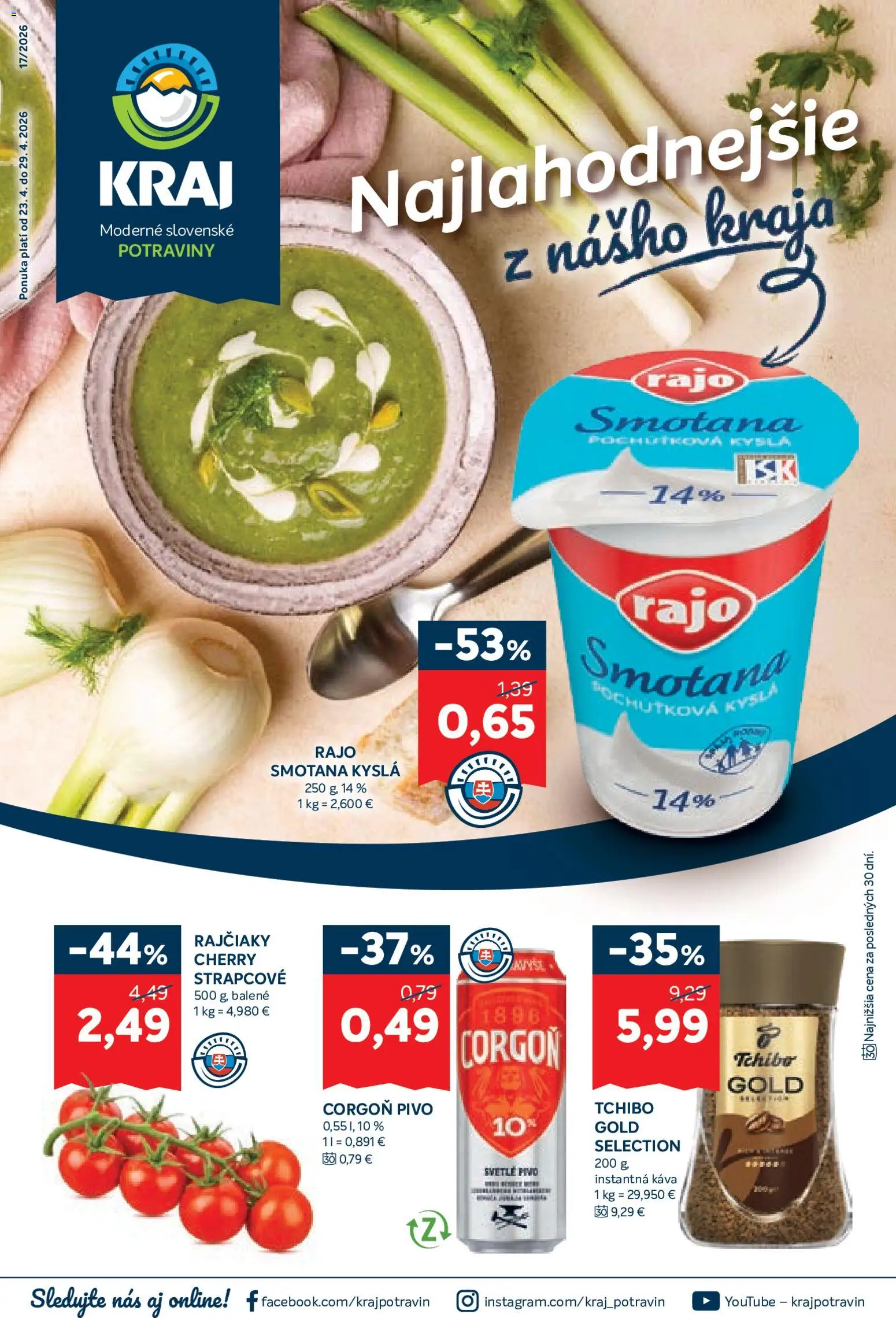 Nové Kraj akcie – leták je platný od 23.04.2026 | Strana: 1 | Produkty: Pivo, Káva, Smotana, Corgoň