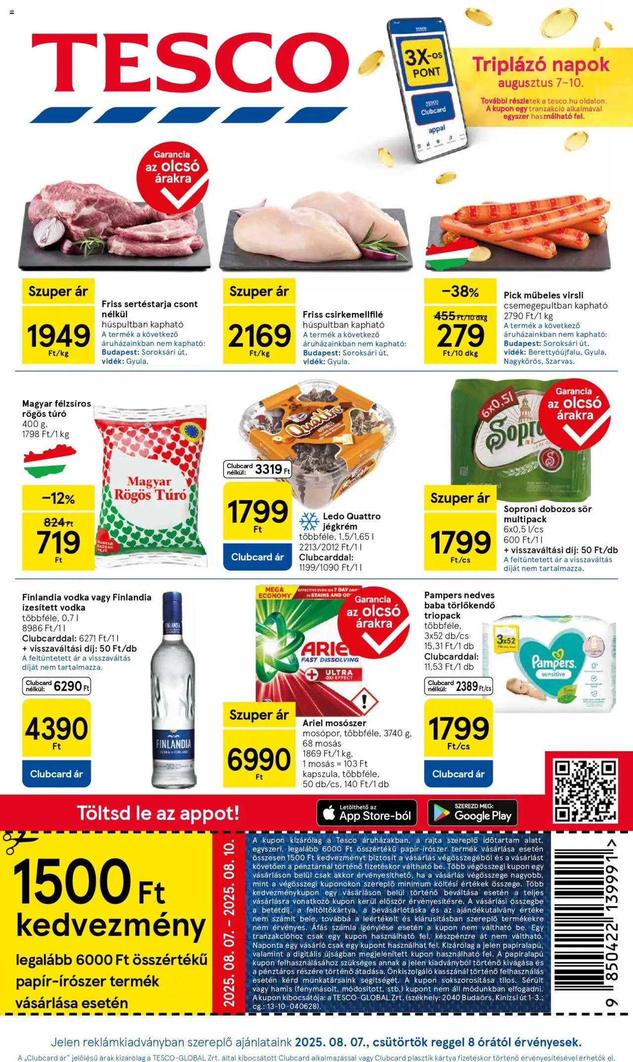 Tesco akciós ujság - amely érvényes a következő dátumtól: 07.08.2025 | Oldal: 1 | Termékek: Sertéstarja, Rögös túró, Dobozos sör, Sör