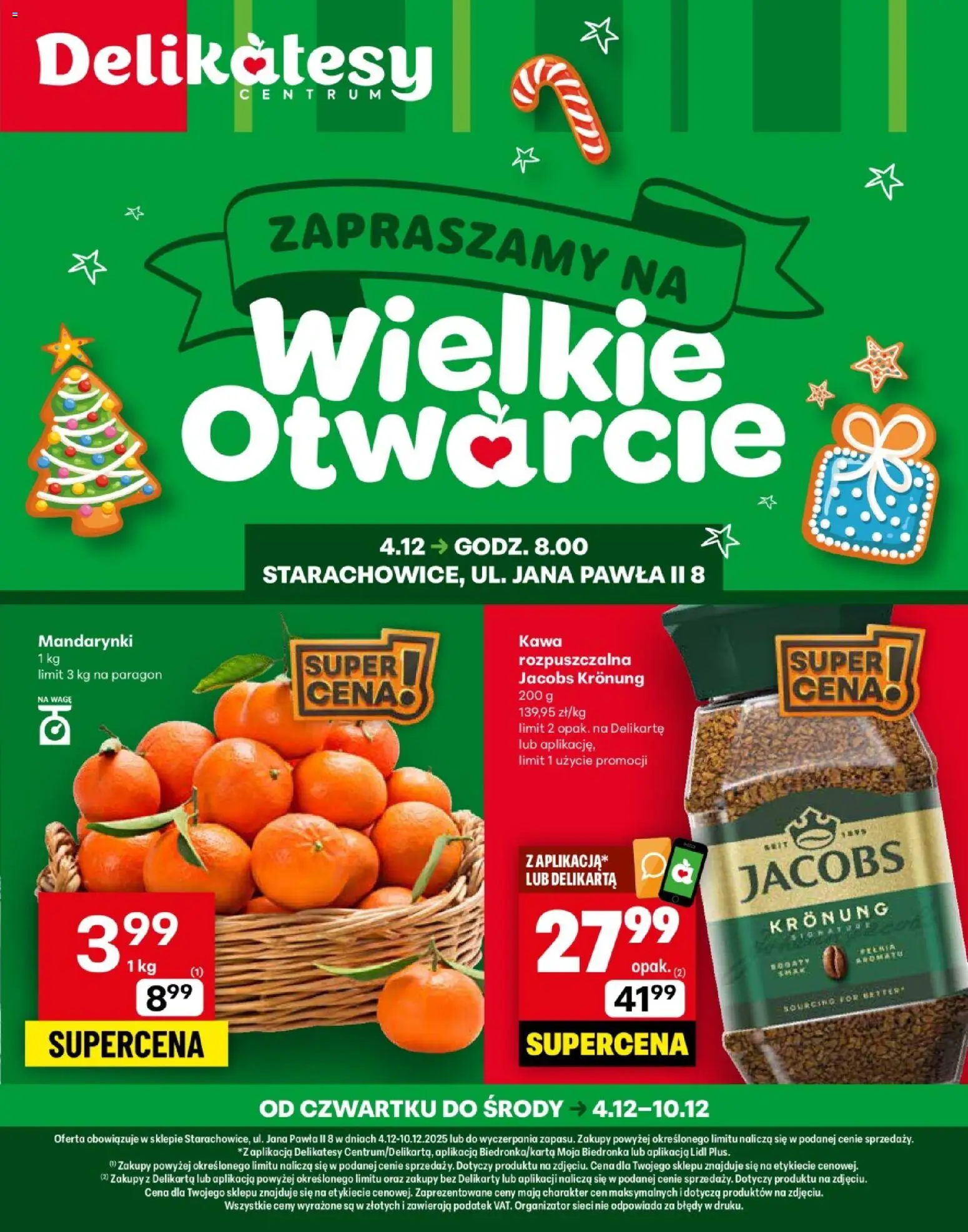 Delikatesy Centrum Gazetka - Starachowice Otwarcie od 04.12.2025 | Strona: 1 | Produkty: Delikatesy, Kawa, Mandarynki