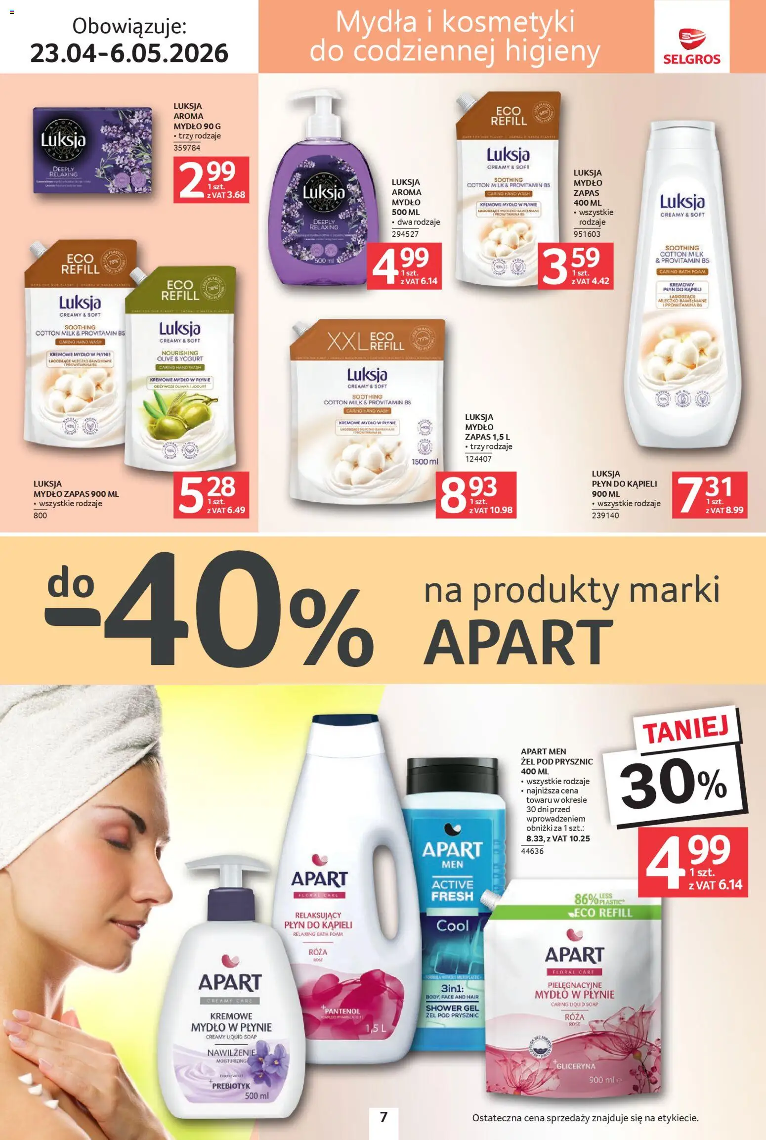 Selgros cash&carry gazetka - Uroda od 23.04.2026 | Strona: 7 | Produkty: Kremowe mydło w płynie, Kosmetyki, Prysznic, Mydło