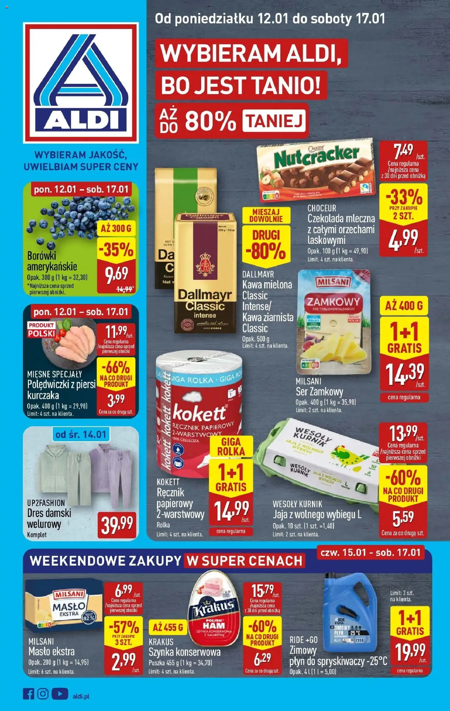 Aldi Gazetka od 12.01.2026 | Strona: 1 | Produkty: Czekolada mleczna, Płyn do spryskiwaczy, Ser, Kawa