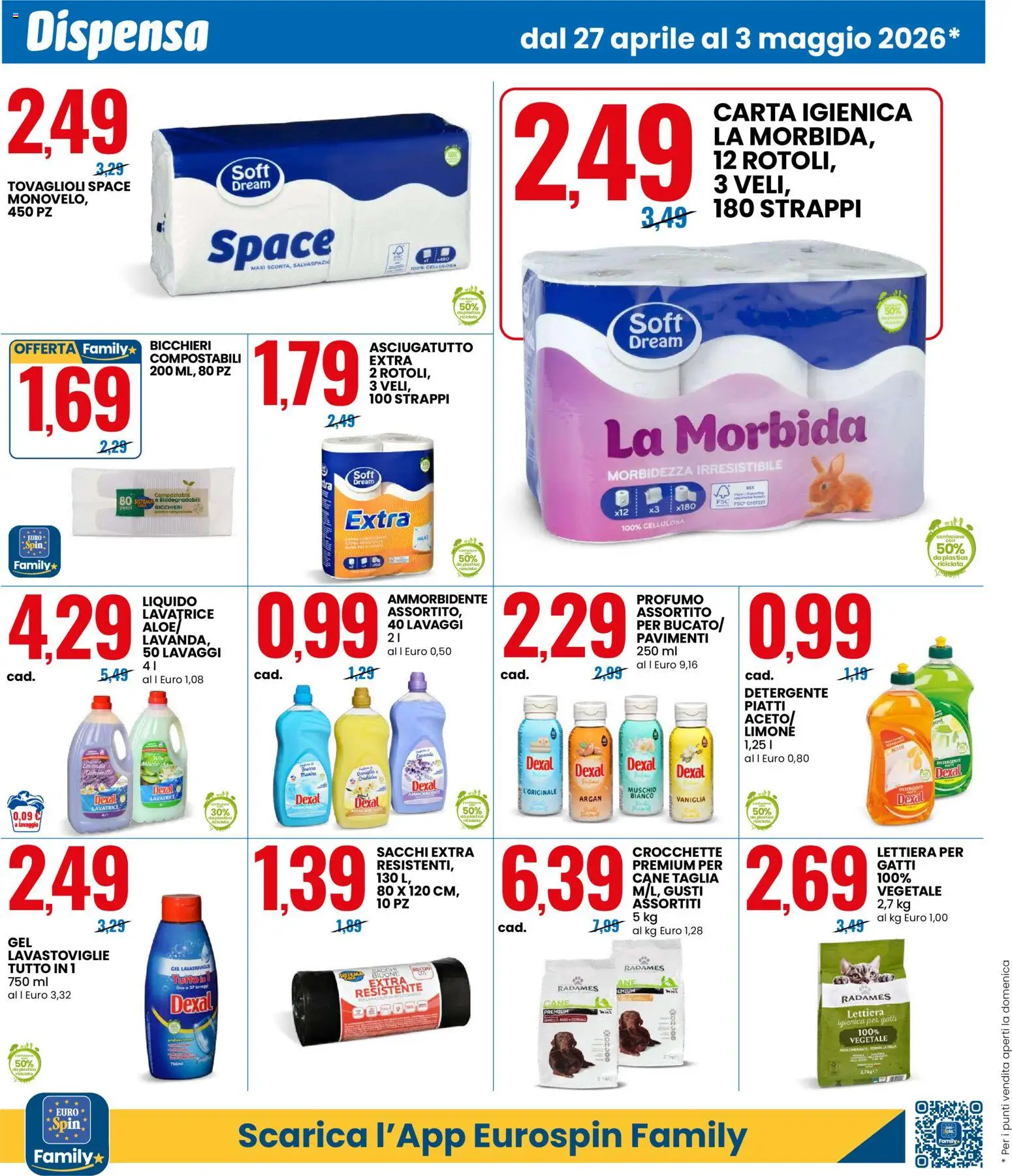 Volantino Eurospin del 27.04.2026 | Pagina: 6 | Prodotti: Carta igienica, Crocchette, Lavastoviglie, Profumo