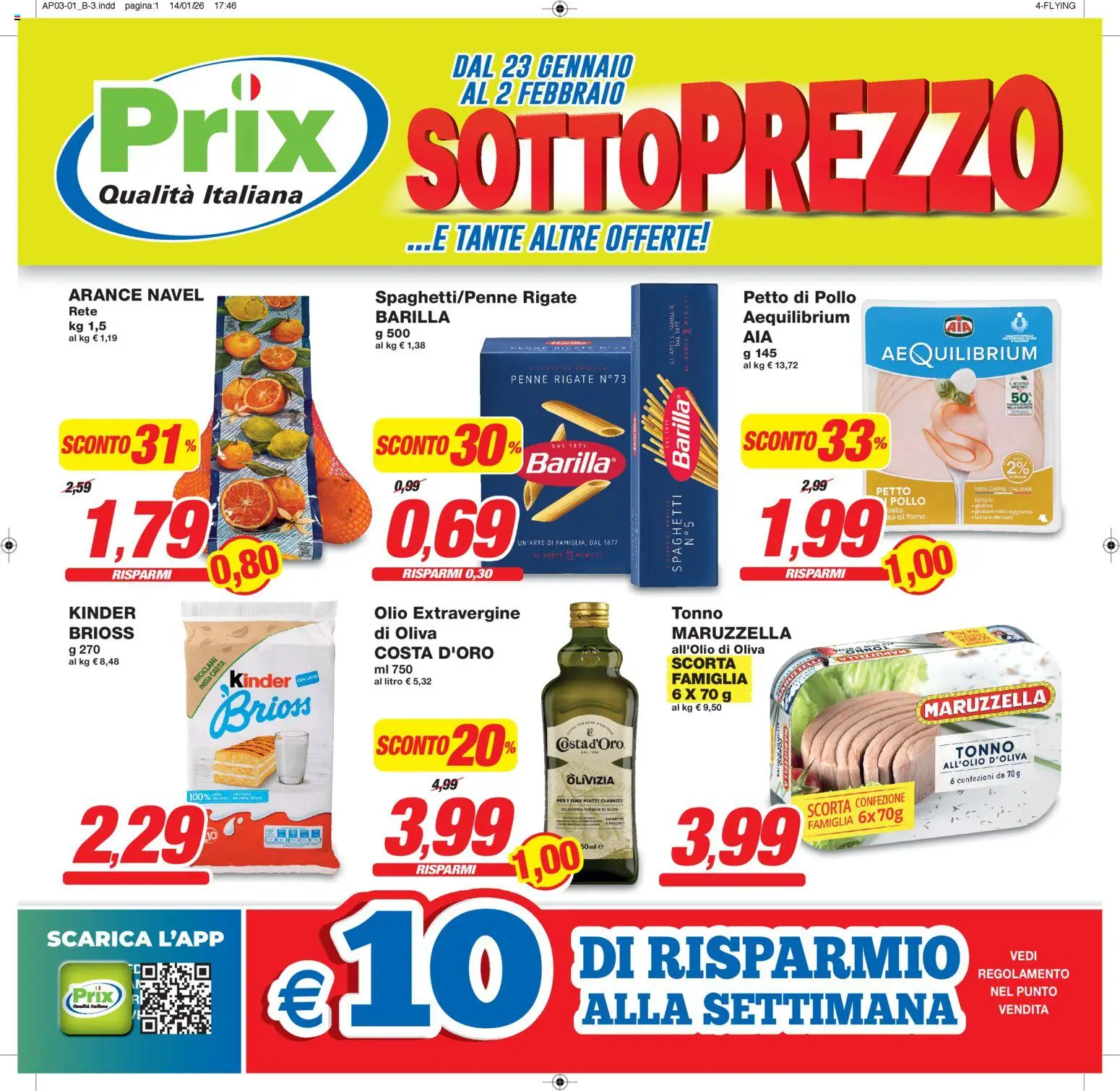 Volantino Prix del 23.01.2026 | Pagina: 1 | Prodotti: Petto di Pollo, Arance, Olio, Tonno