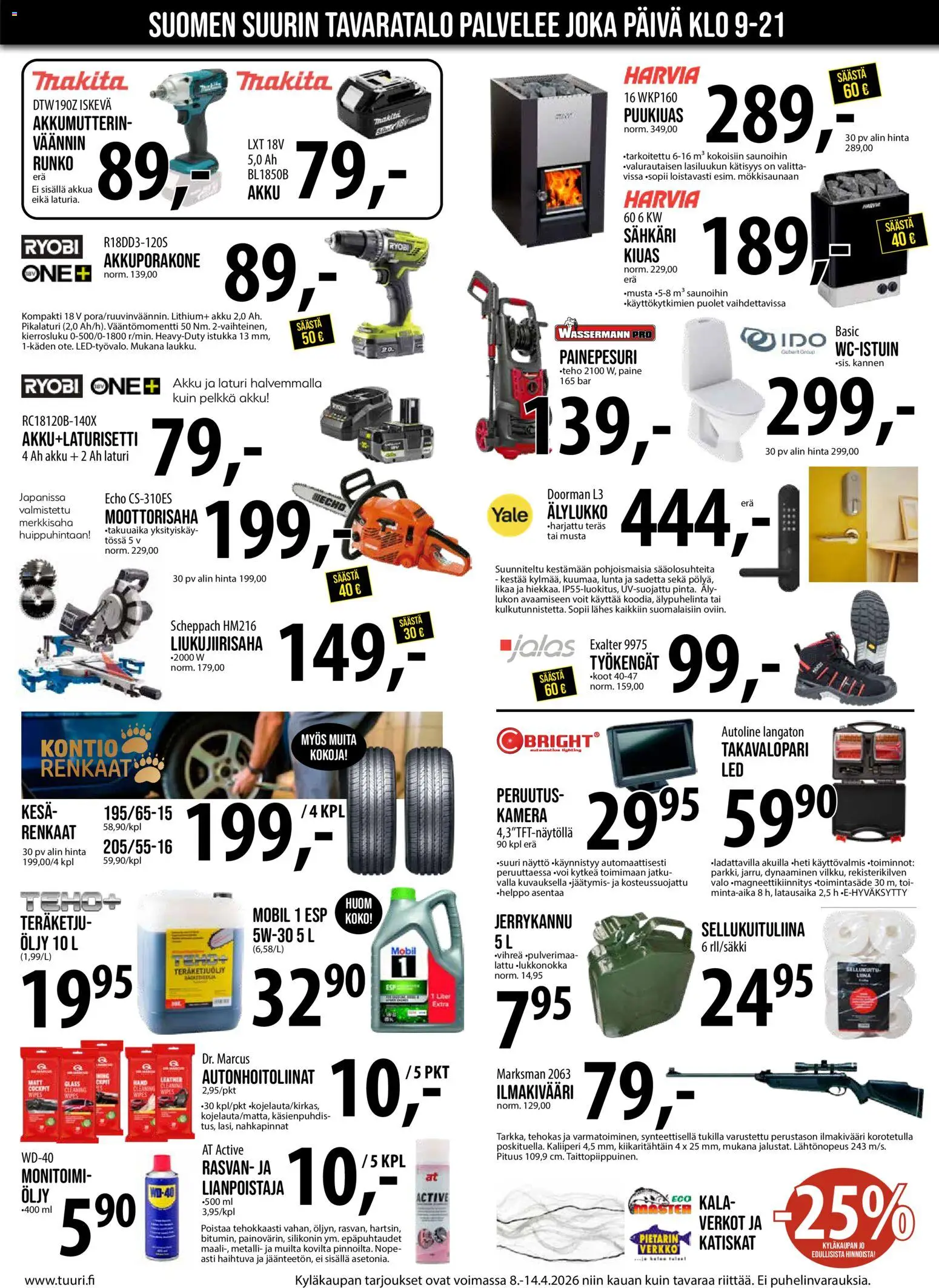 Tuuri tarjoukset – voimassa 08.04.2026 alkaen | Sivu: 5 | Tuotteet: Moottorisaha, Painepesuri, Öljy, Näyttö