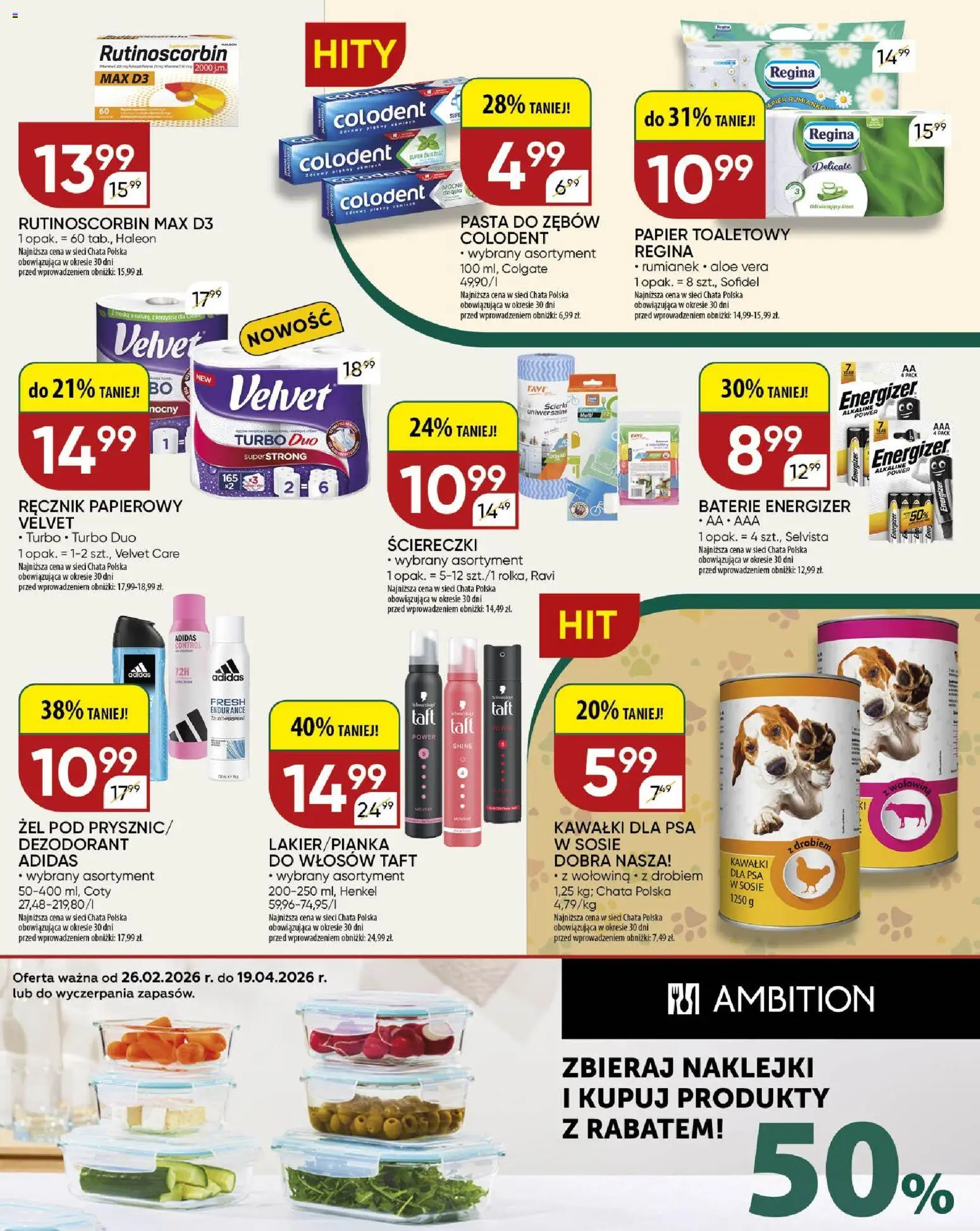 Chata Polska Gazetka od 26.02.2026 | Strona: 19 | Produkty: Papier toaletowy, Baterie, Naklejki, Pasta do zębów