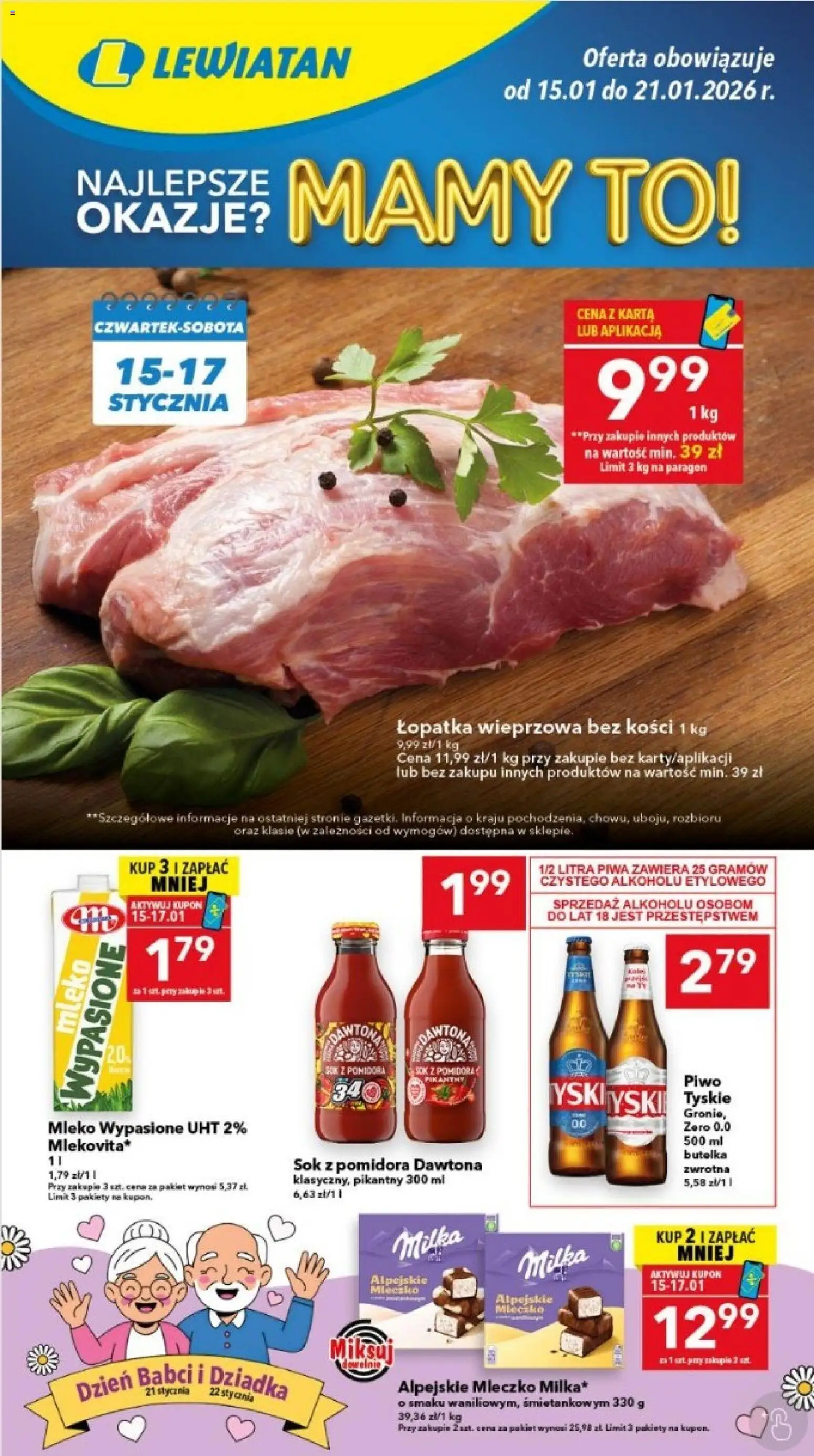 Lewiatan gazetka - Lublin od 15.01.2026 | Strona: 1 | Produkty: Milka, Łopatka wieprzowa, Sok, Piwo