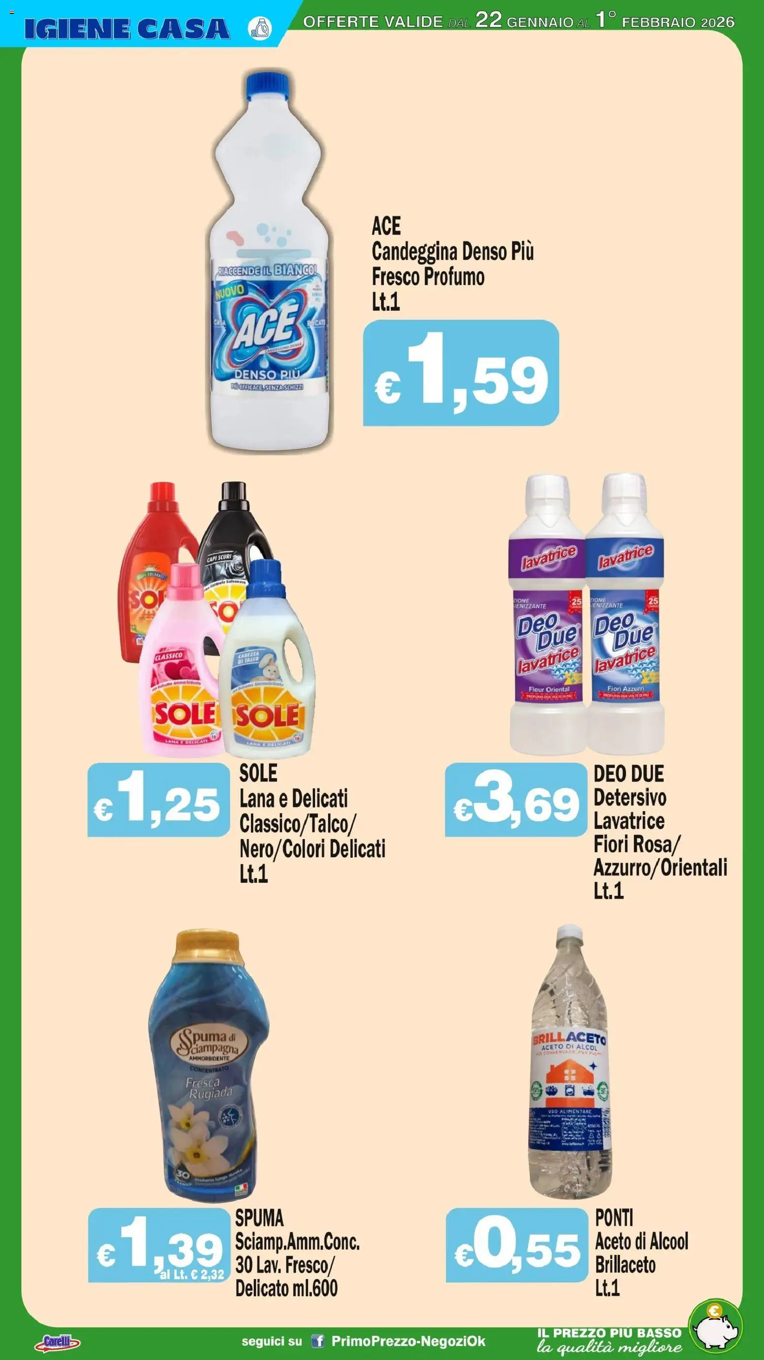Volantino Primo Prezzo del 22.01.2026 | Pagina: 18 | Prodotti: Ammorbidente, Candeggina, Lavatrice, Profumo