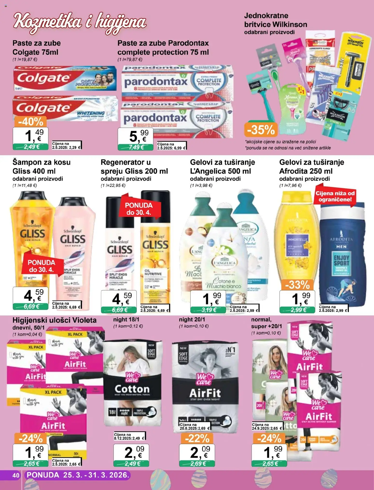 KTC katalog | vrijedi od 25.03.2026 | Stranica: 40 | Proizvodi: Higijenski ulošci, Šampon, Regenerator, Violeta