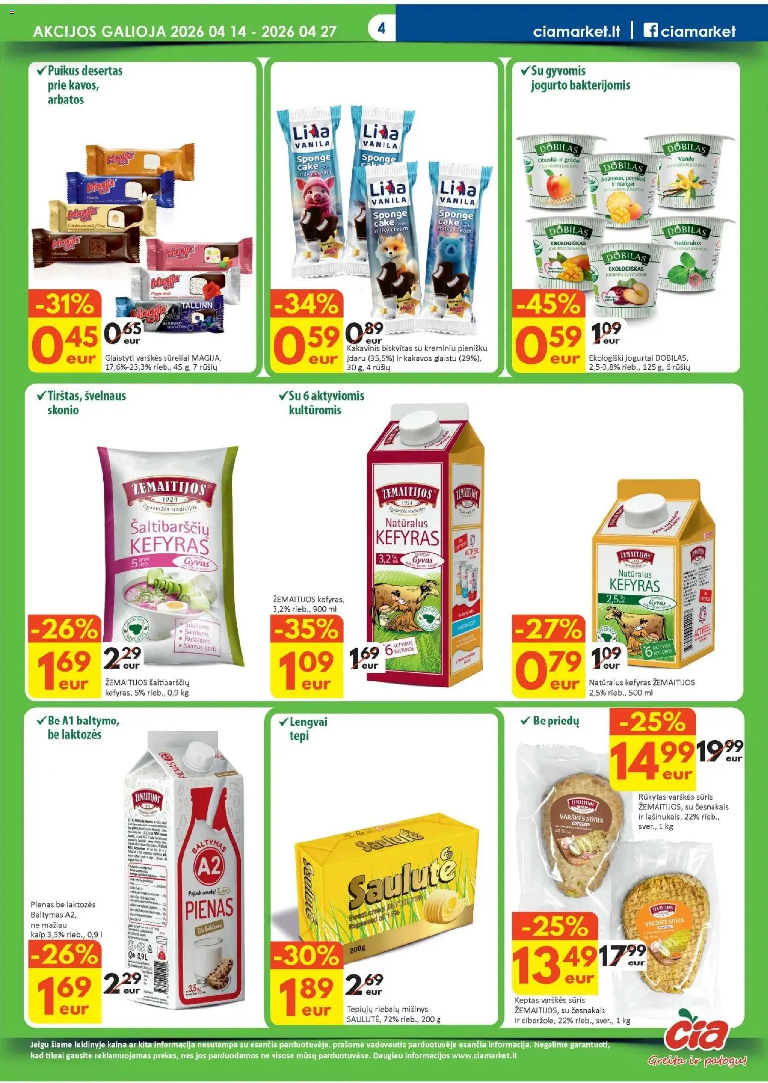 ČIA MARKET akcijos nuo 14.04.2026 | Puslapis: 4 | Prekių: Varškės sūris, Pienas, Sūris
