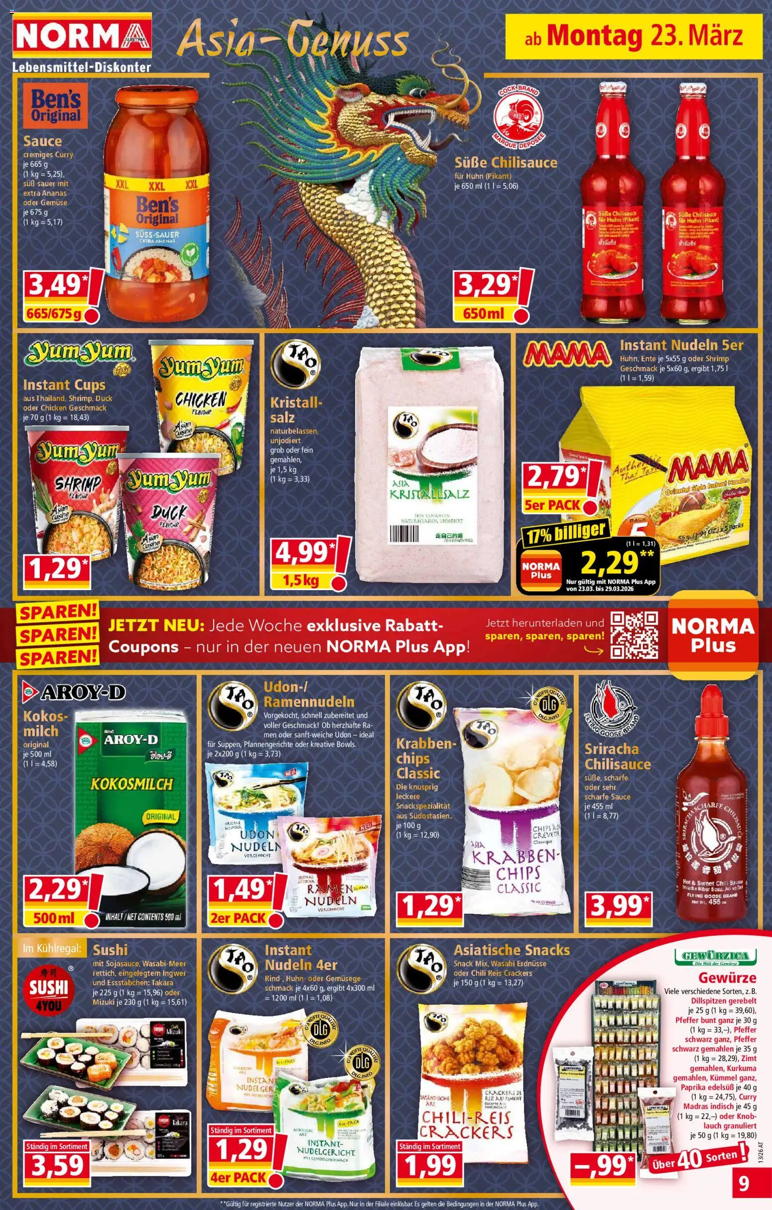Norma Flugblatt gültig ab 23.03.2026 | Seite: 9 | Produkte: Chips, Pfeffer, Папионка, Nudeln