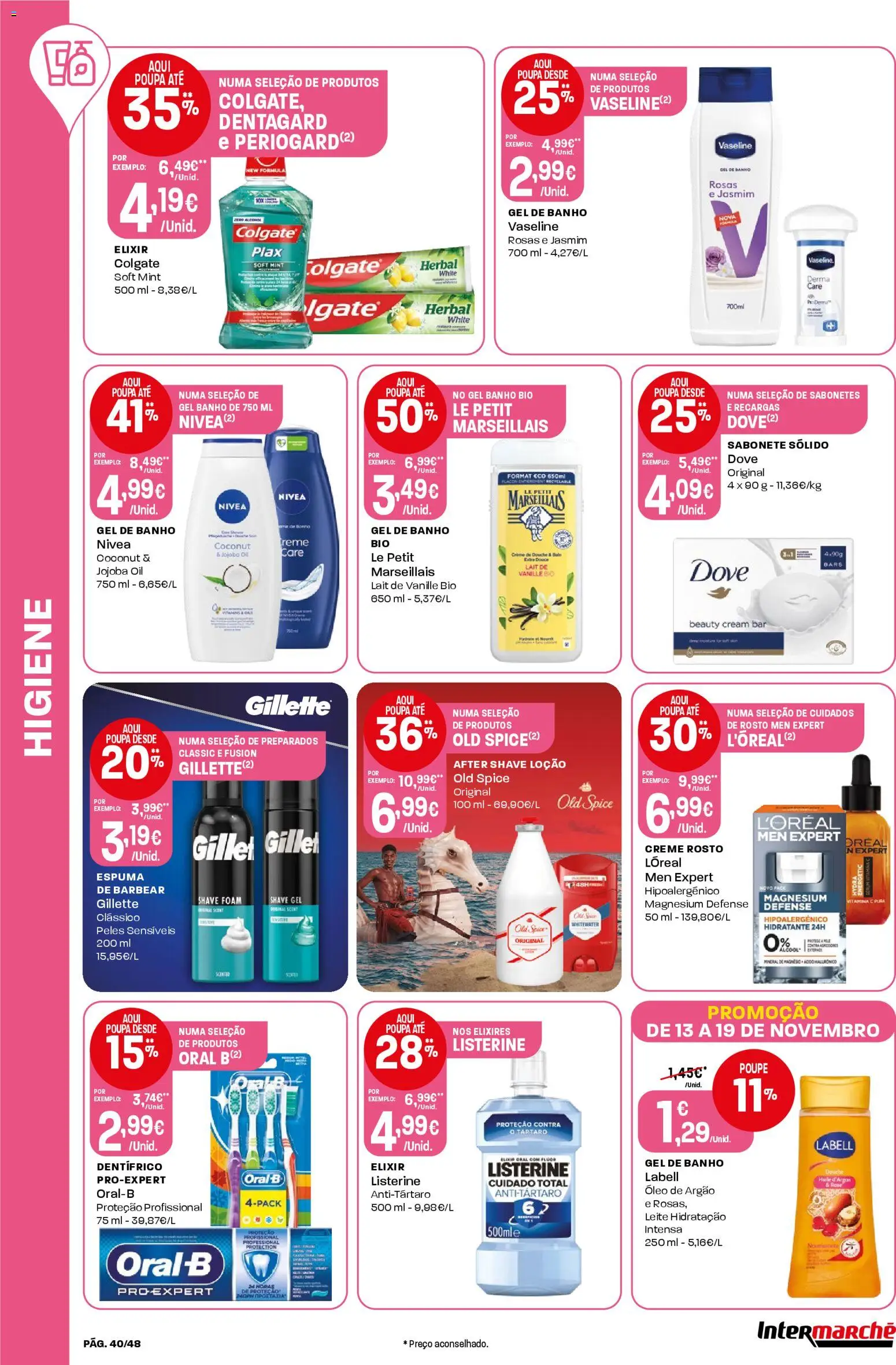 Intermarché folheto │ válido de 13.11.2025 | Página: 40 | Produtos: Gel de banho, Sabonete, Óleo, Creme