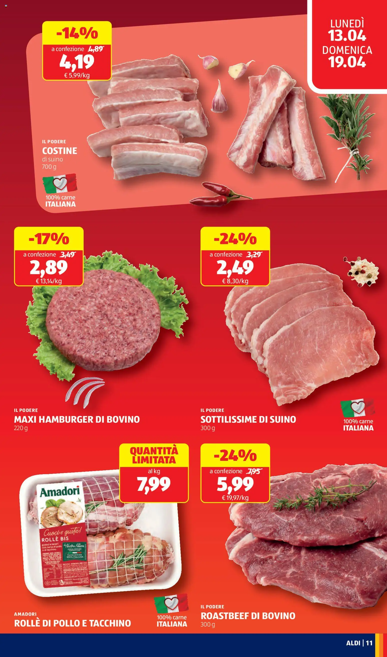 Volantino Aldi del 13.04.2026 | Pagina: 11 | Prodotti: Bovino, Pollo, Tacchino, Hamburger