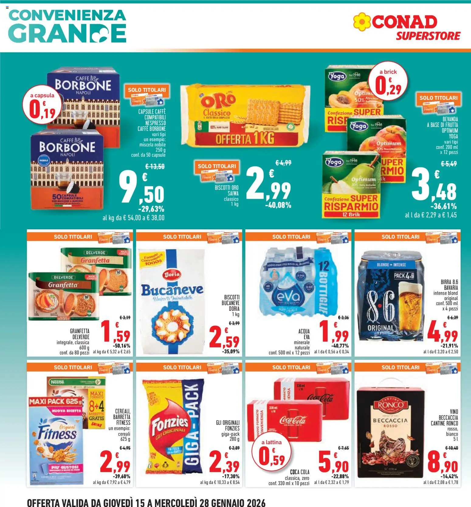 Volantino Conad del 15.01.2026 | Pagina: 4 | Prodotti: Biscotti, Acqua, Frutta, Coca Cola