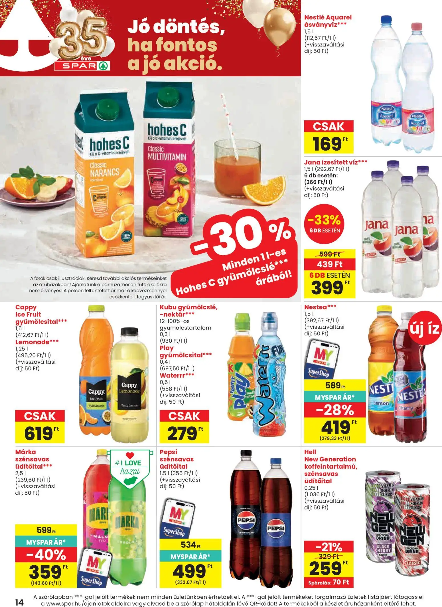 Spar akciós ujság - amely érvényes a következő dátumtól: 23.04.2026 | Oldal: 14 | Termékek: Gyümölcsital, Pepsi, Hohes c, Narancs