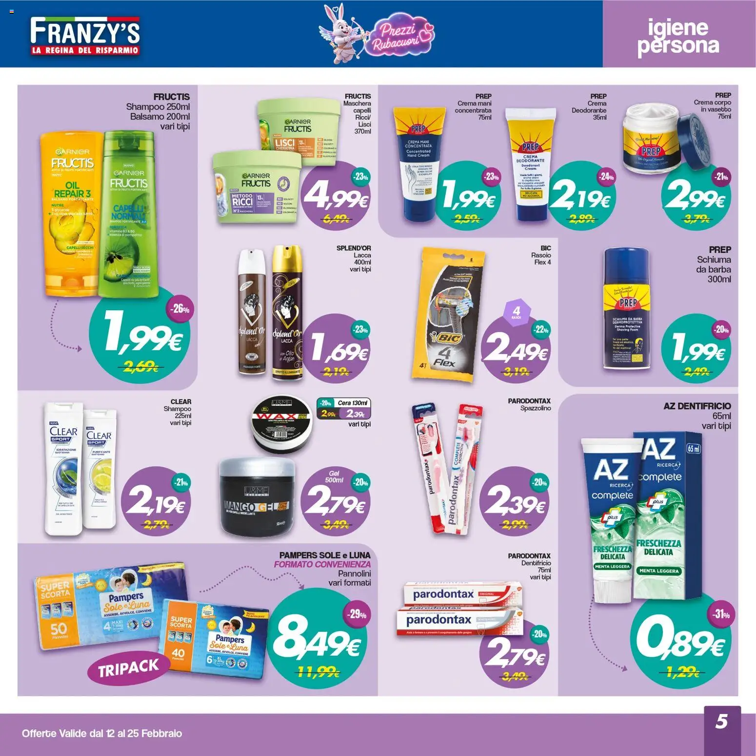 Volantino Franzy's del 12.02.2026 | Pagina: 5 | Prodotti: Shampoo, Crema, Deodorante, Pampers